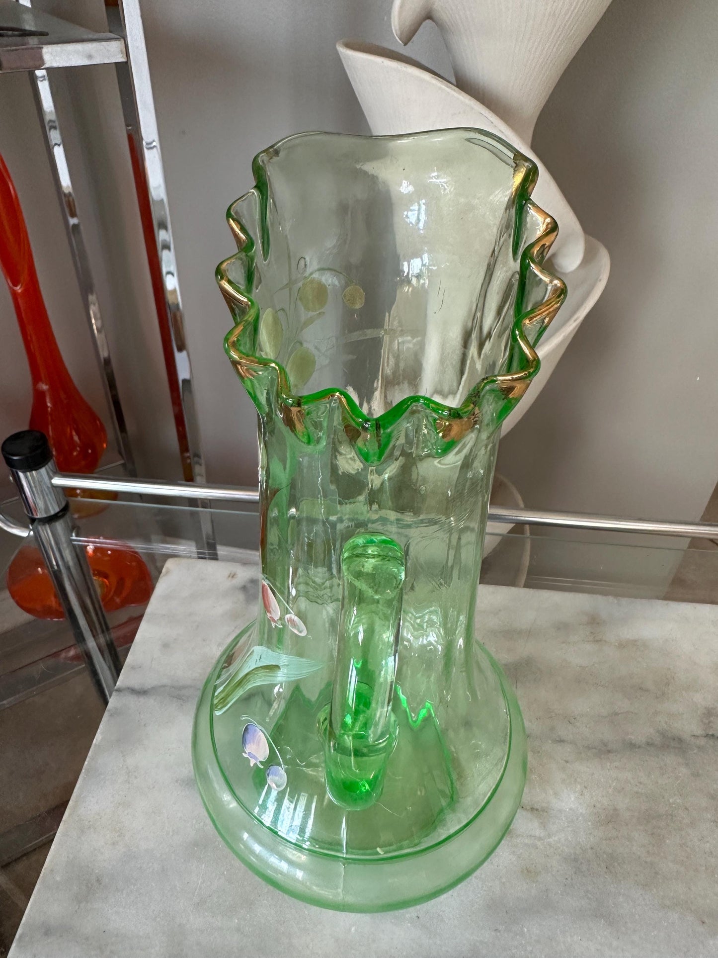 Dugan Glass Co Large Hand Blown Hand Painted Uranium Glass Pitcher Hand Painted Lily of the Valley With Ruffle Rim and Gold Gilt Accents
