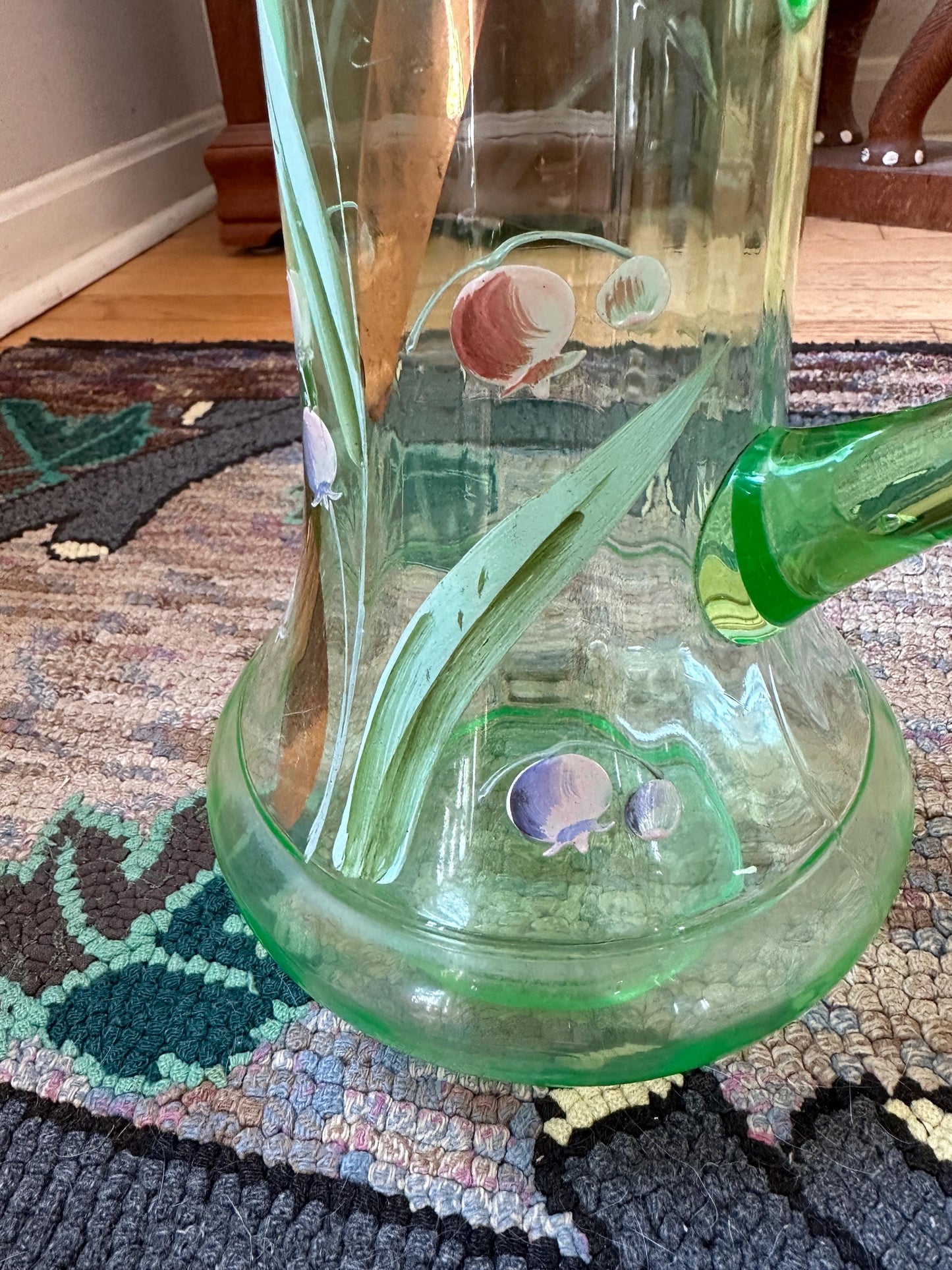 Dugan Glass Co Large Hand Blown Hand Painted Uranium Glass Pitcher Hand Painted Lily of the Valley With Ruffle Rim and Gold Gilt Accents