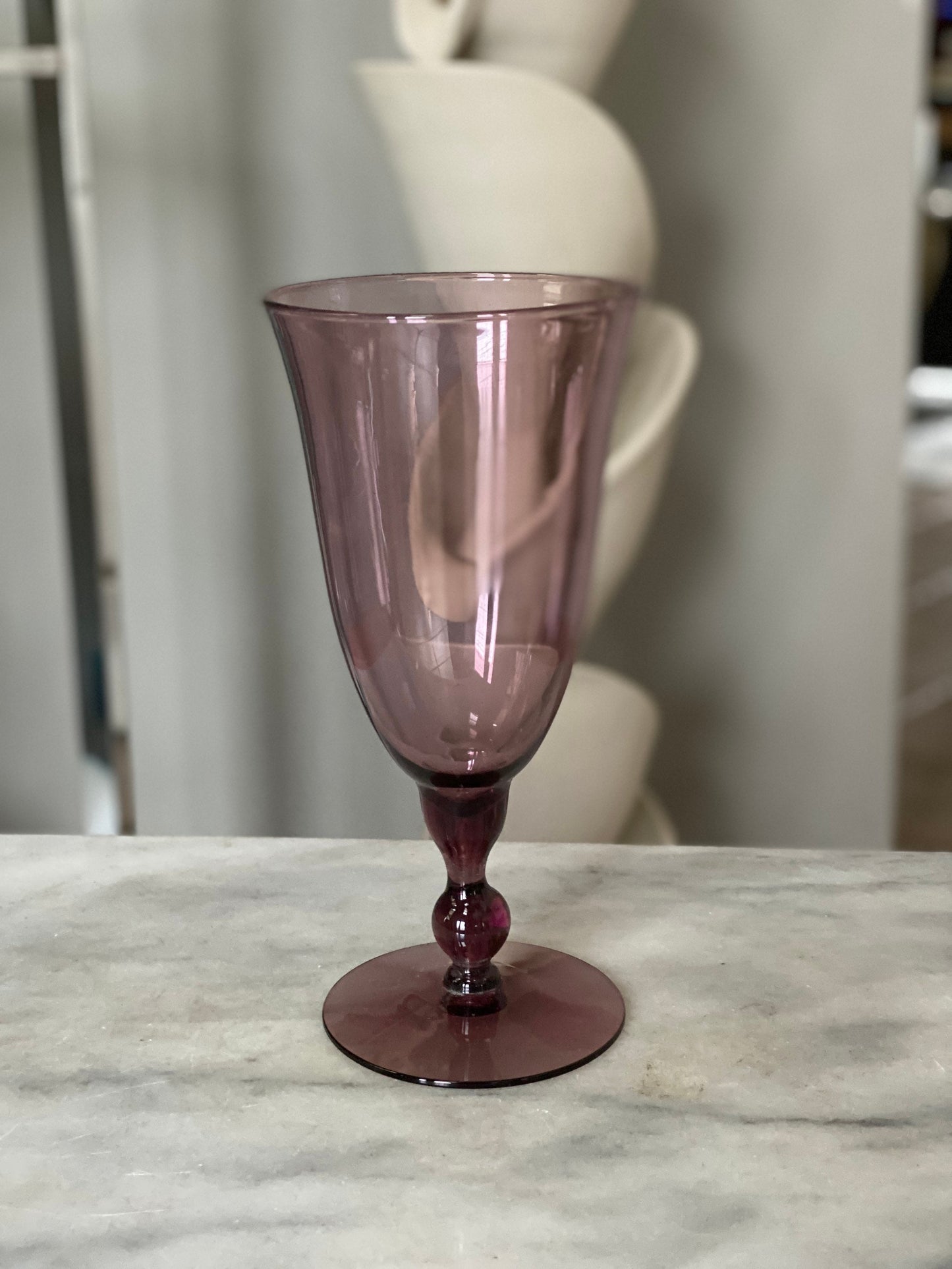 Vintage Glass Purple Amethyst Mid Century Pedestal Vase 9.25”