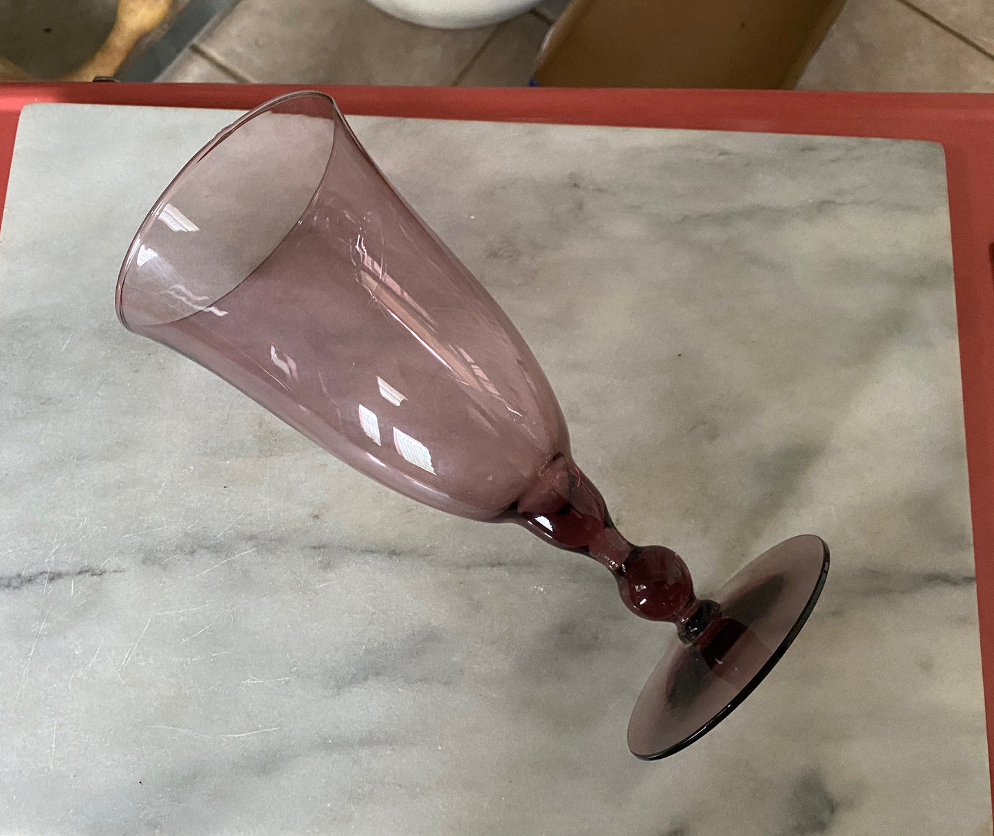 Vintage Glass Purple Amethyst Mid Century Pedestal Vase 9.25”