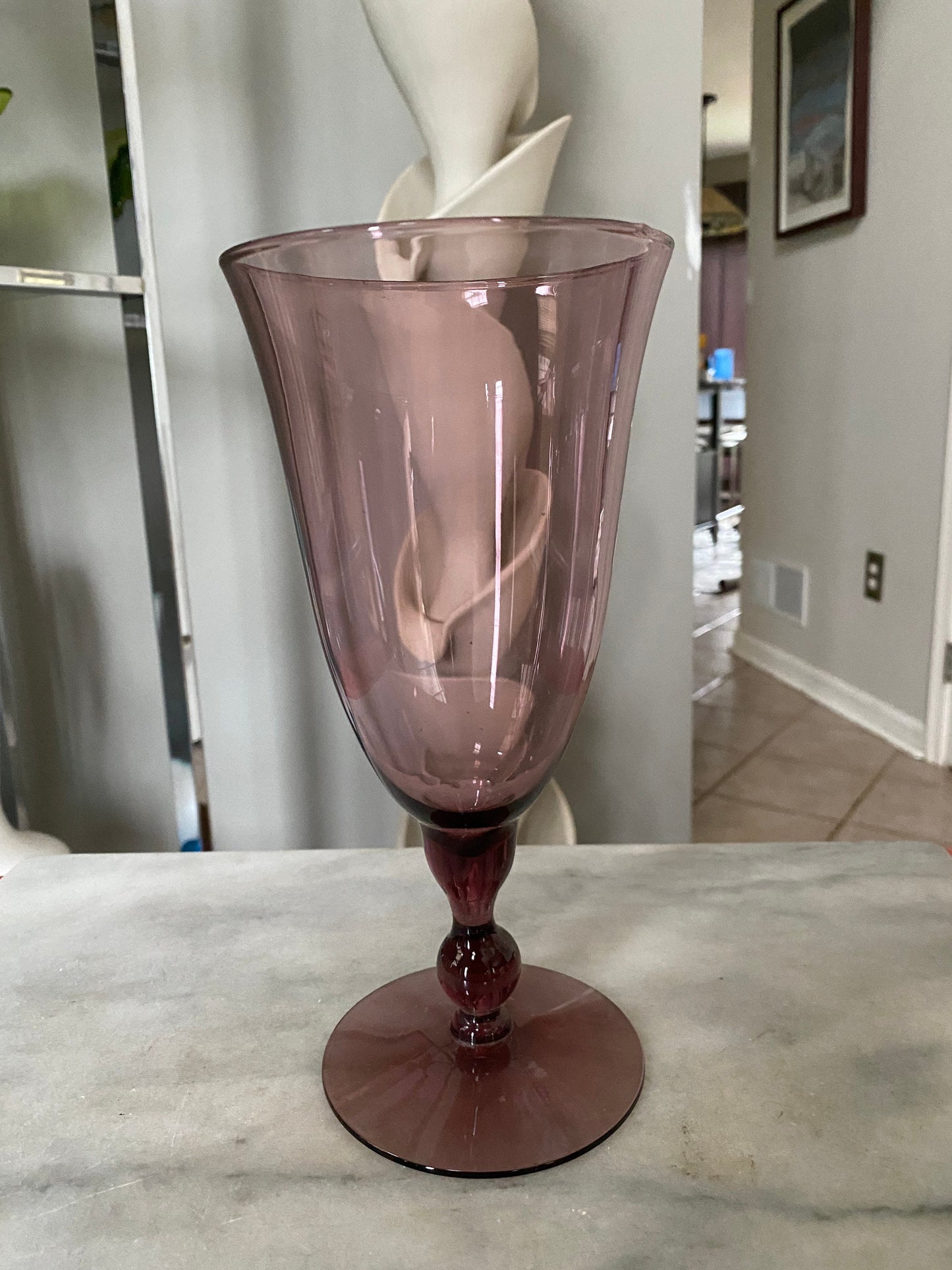 Vintage Glass Purple Amethyst Mid Century Pedestal Vase 9.25”