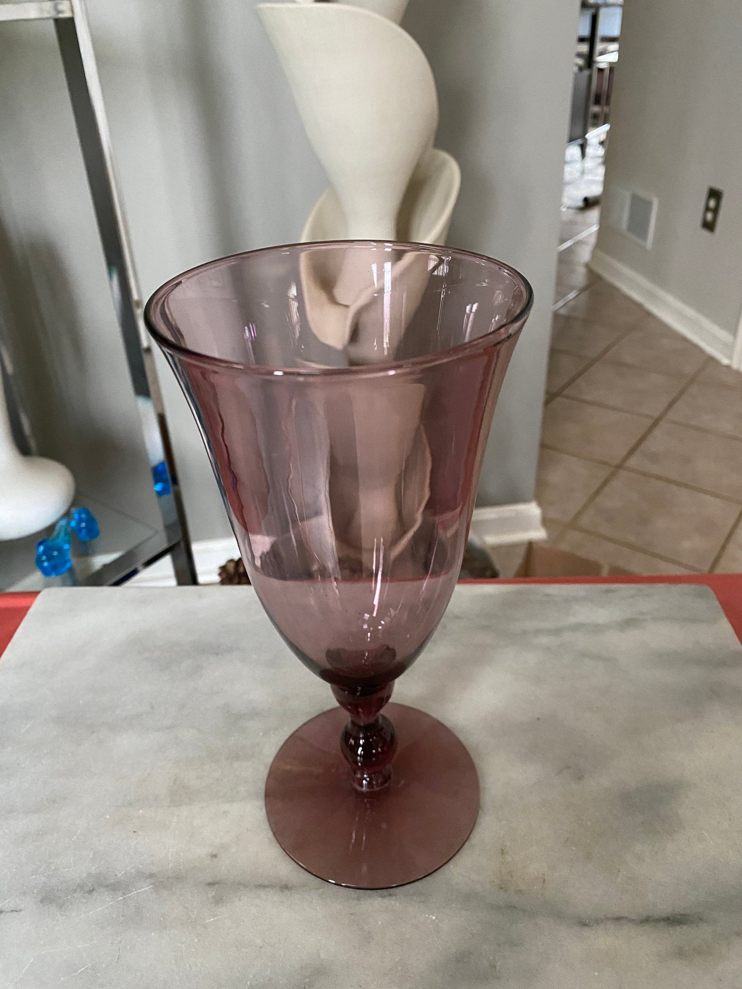 Vintage Glass Purple Amethyst Mid Century Pedestal Vase 9.25”