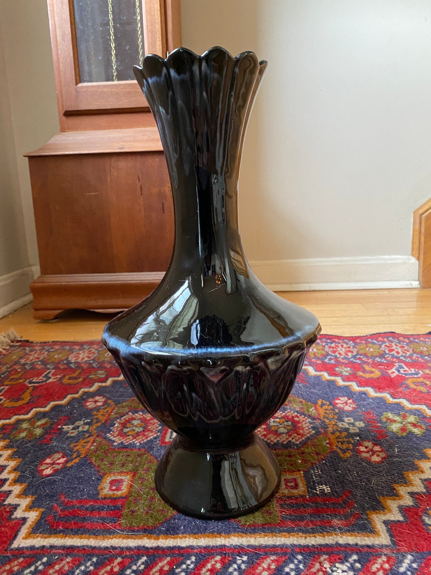 Vintage Mid Century Modern Black Drip Glaze Vase | USA Pottery (Haeger?) MCM Pedestal Vase