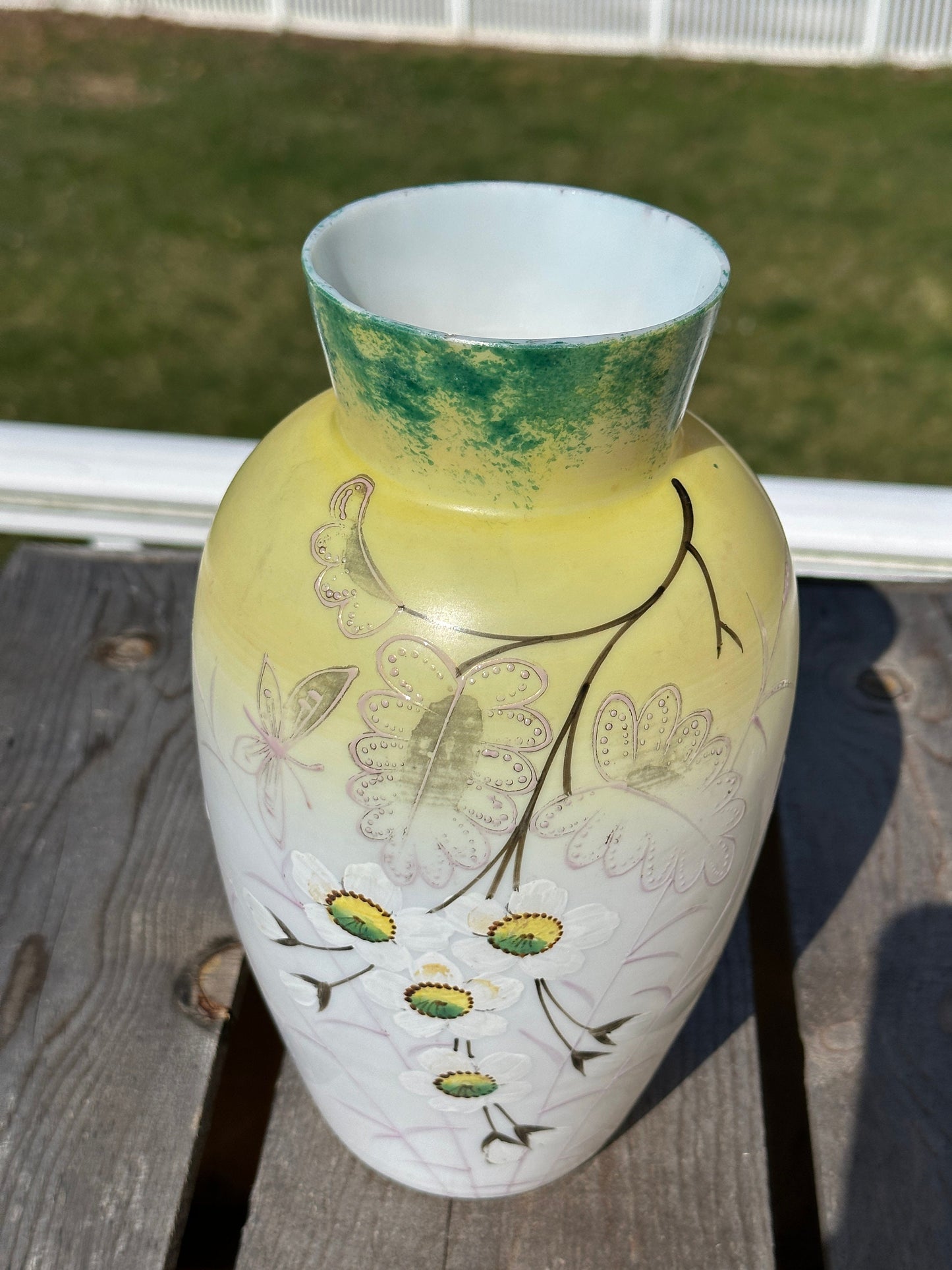 Vintage Yellow Vase | Hand Painted | White Glass | Whimsical Flower Motif