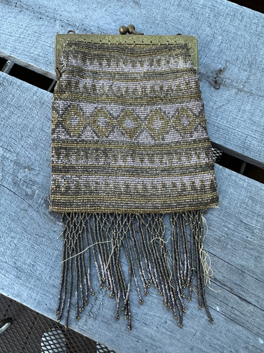 Antique Art Deco Beaded Evening Bag with Fringe - Made in France