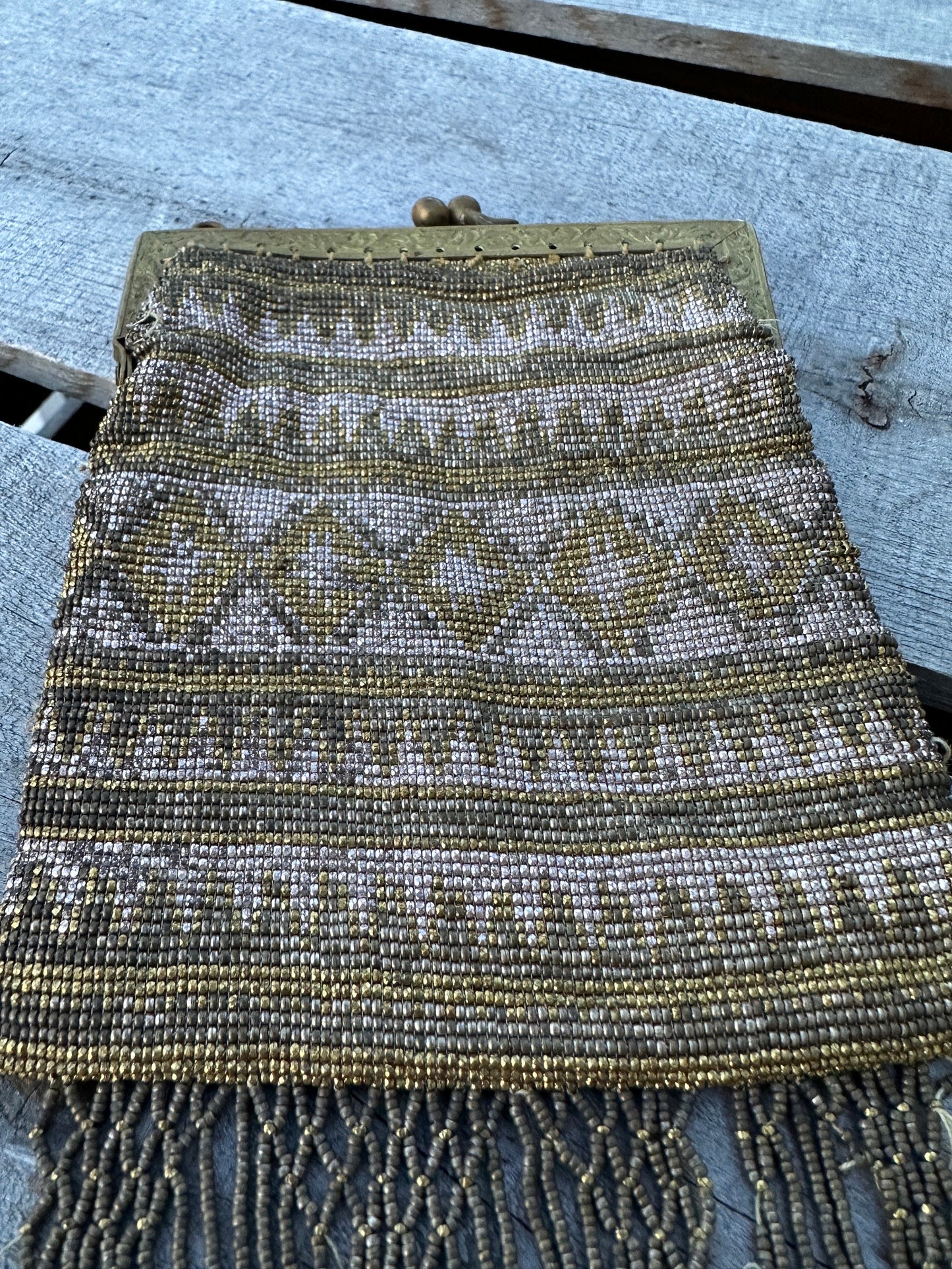 Antique Art Deco Beaded Evening Bag with Fringe - Made in France