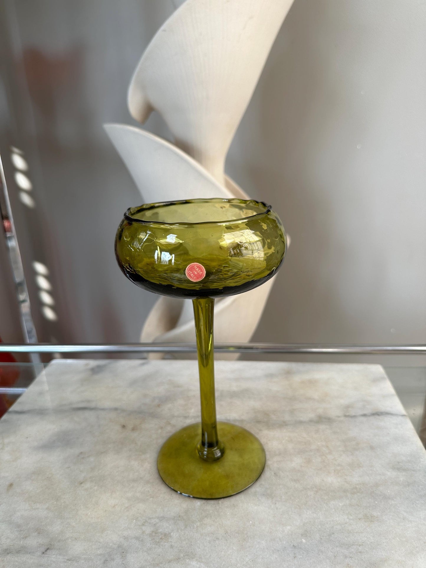 Olive Green Optic Quilted Compotes Pedestal Bowl Italian Glass MCM