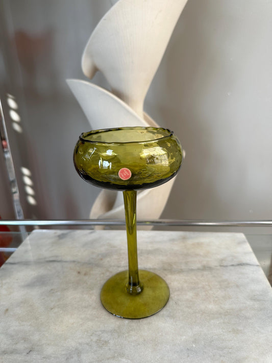 Olive Green Optic Quilted Compotes Pedestal Bowl Italian Glass MCM