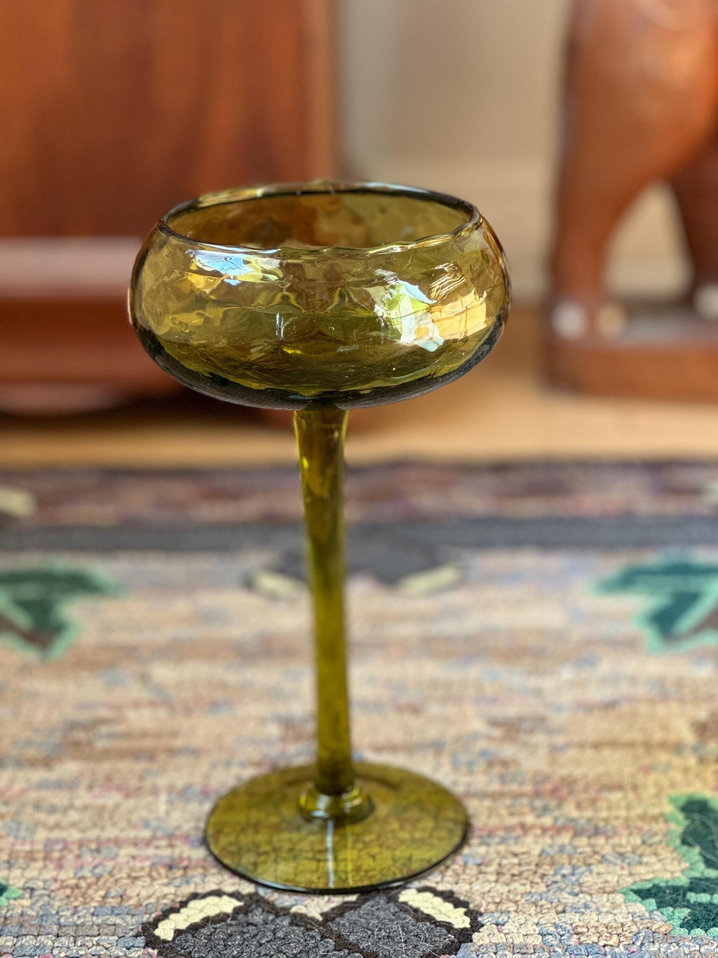 Olive Green Optic Quilted Compotes Pedestal Bowl Italian Glass MCM