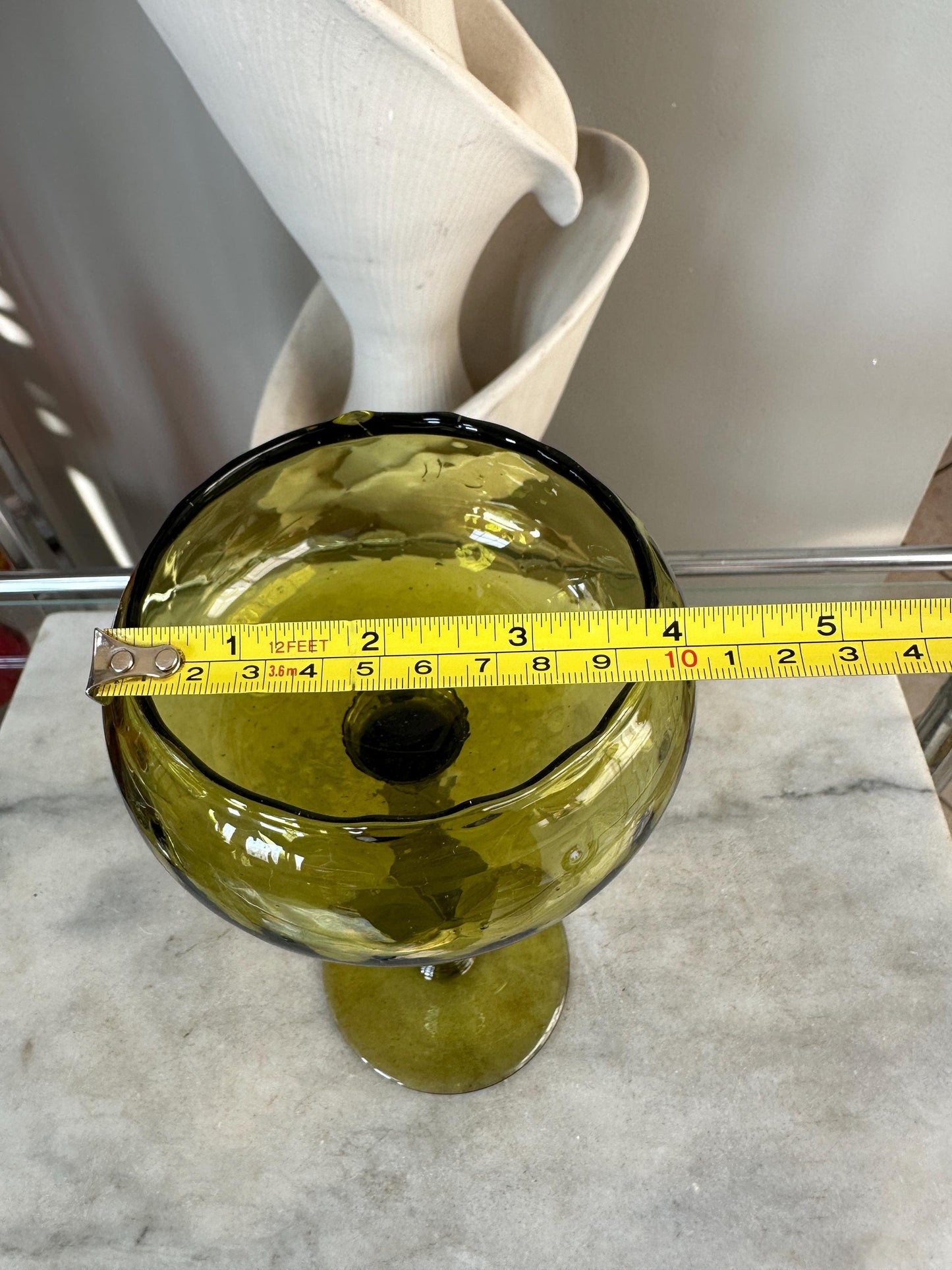 Olive Green Optic Quilted Compotes Pedestal Bowl Italian Glass MCM