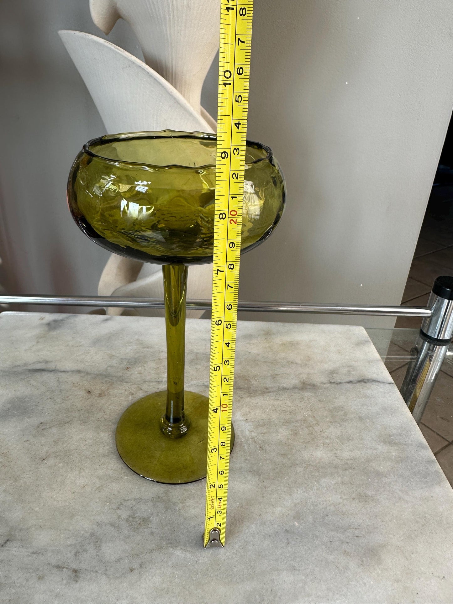 Olive Green Optic Quilted Compotes Pedestal Bowl Italian Glass MCM