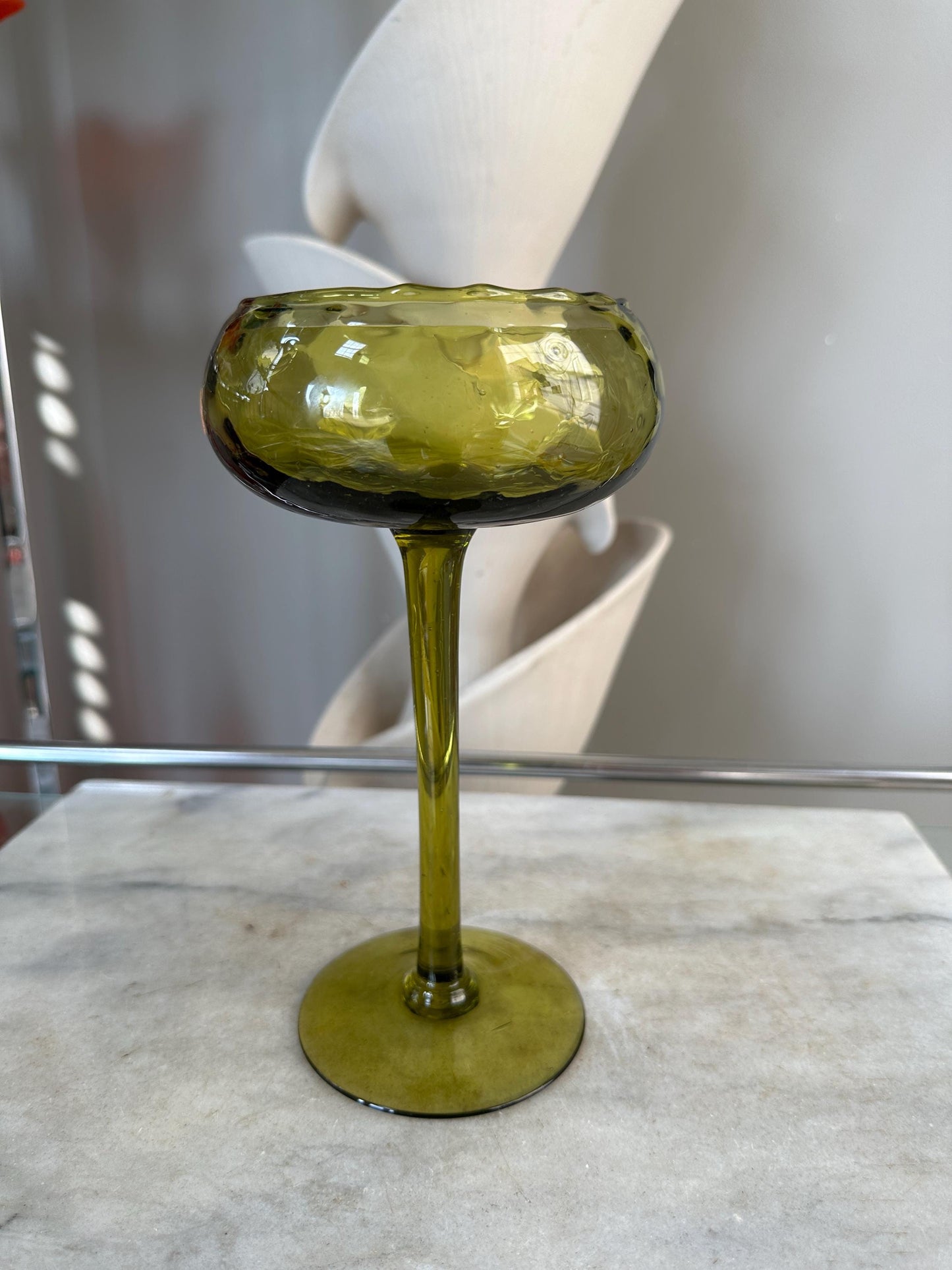 Olive Green Optic Quilted Compotes Pedestal Bowl Italian Glass MCM