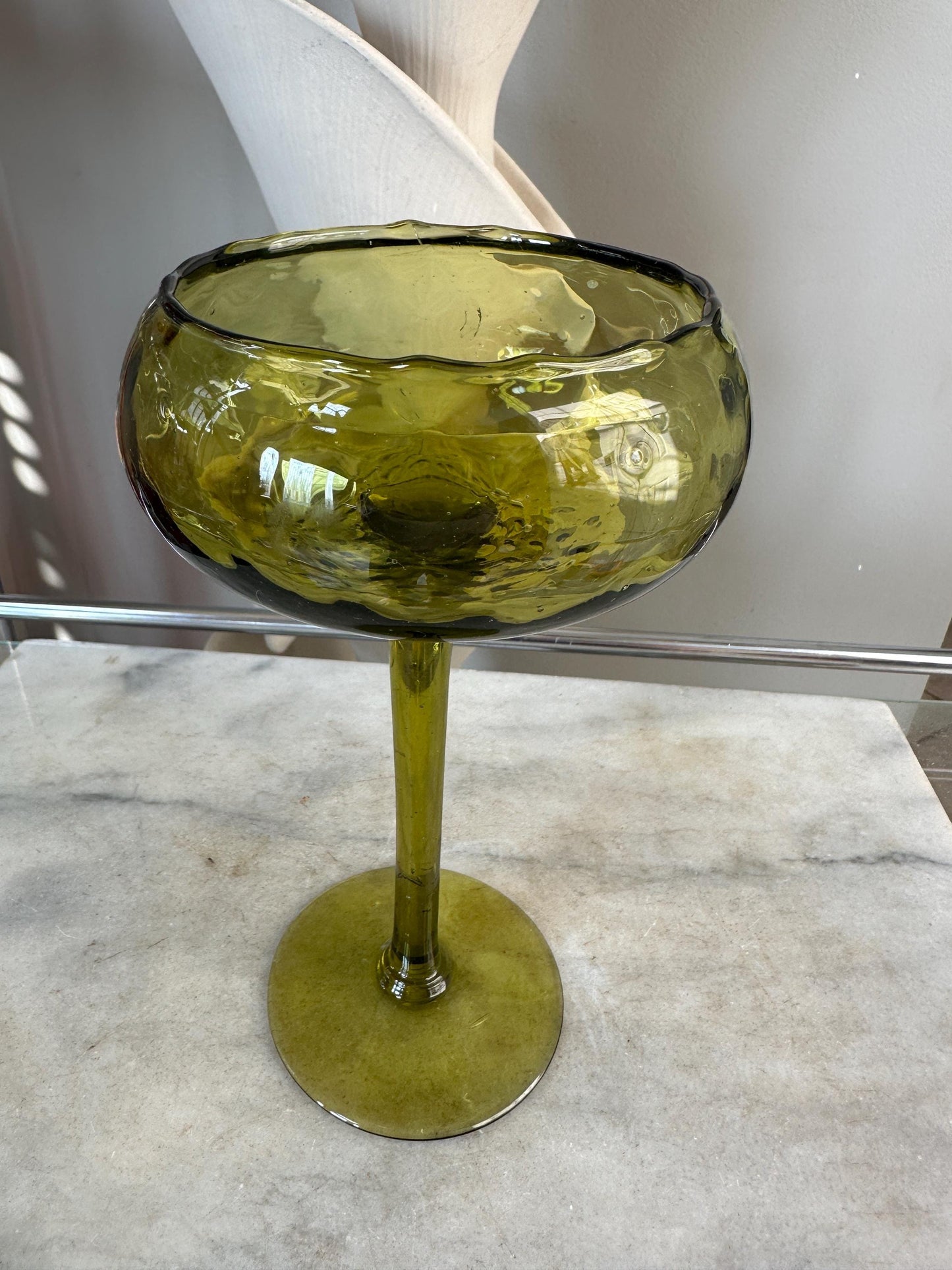 Olive Green Optic Quilted Compotes Pedestal Bowl Italian Glass MCM