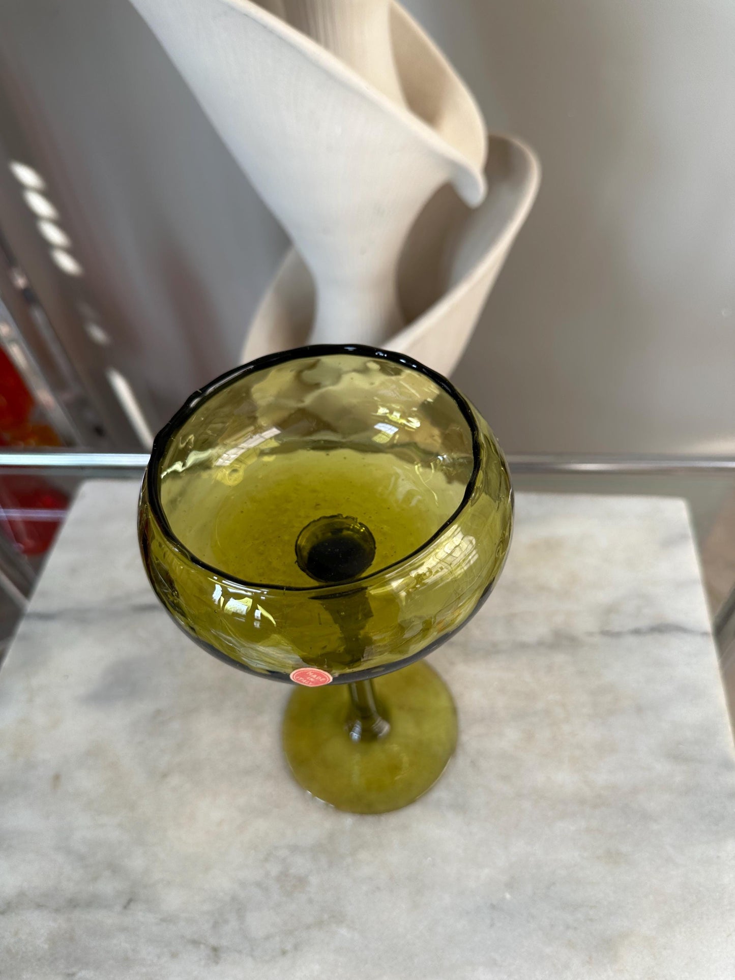 Olive Green Optic Quilted Compotes Pedestal Bowl Italian Glass MCM