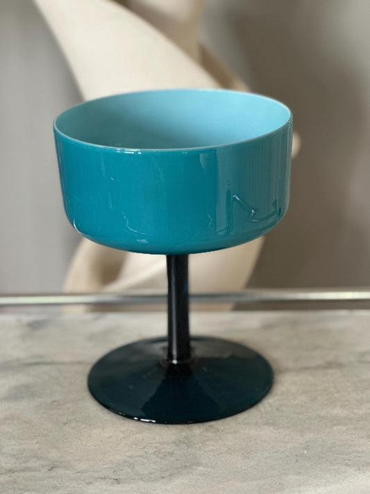 Vintage Turquoise Cased Glass Goblet Vase: MCM Pedestal Style