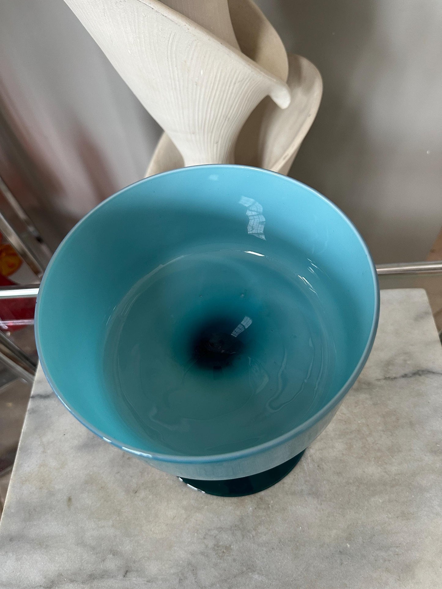 Vintage Turquoise Cased Glass Goblet Vase: MCM Pedestal Style