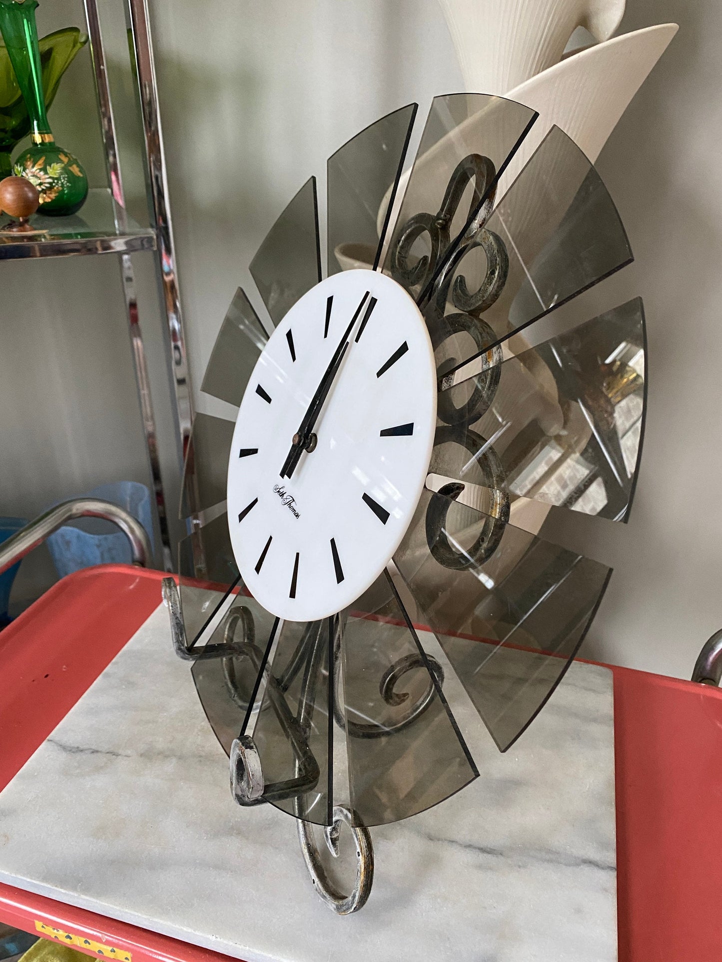 Vintage Mid Century Modern Smokey Grey Acrylic Seth Thomas Wall Clock
