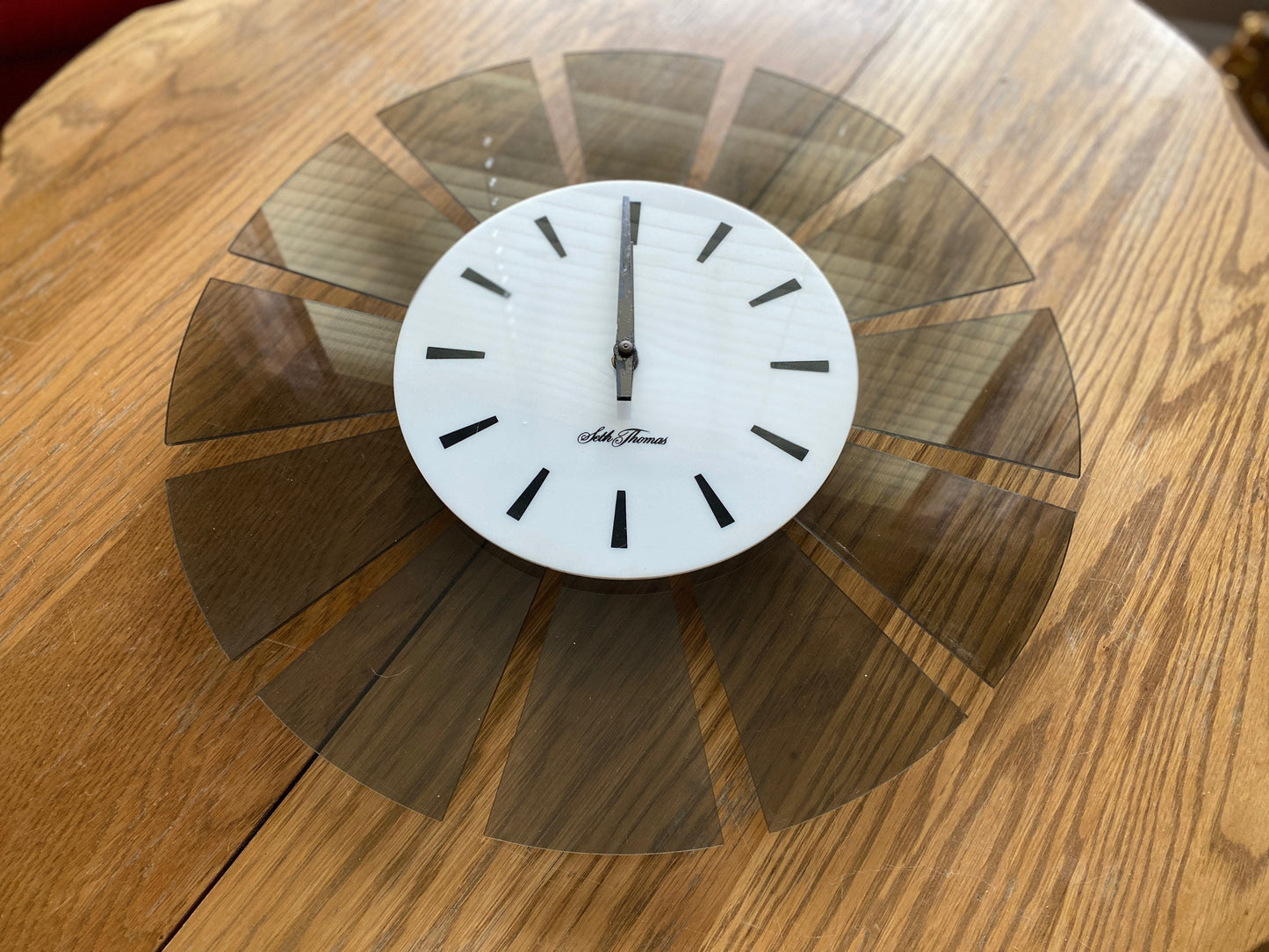 Vintage Mid Century Modern Smokey Grey Acrylic Seth Thomas Wall Clock