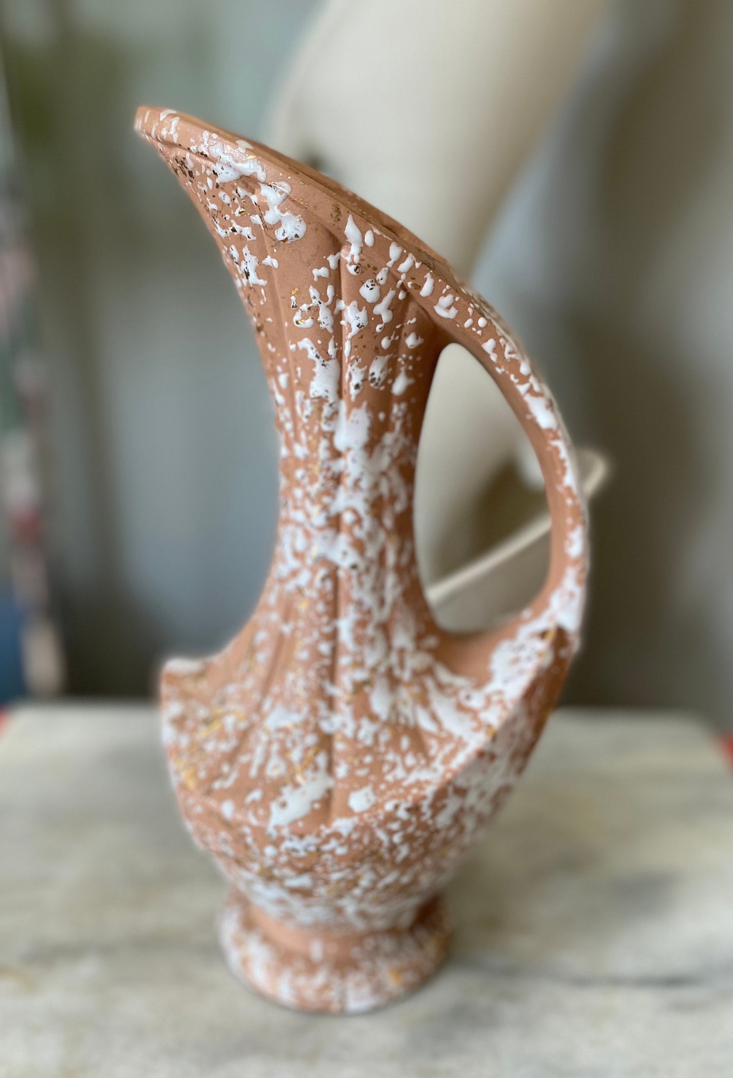 Vintage MCM Pitcher Vase: Pink Glaze, Splatter Paint, 22k Gold