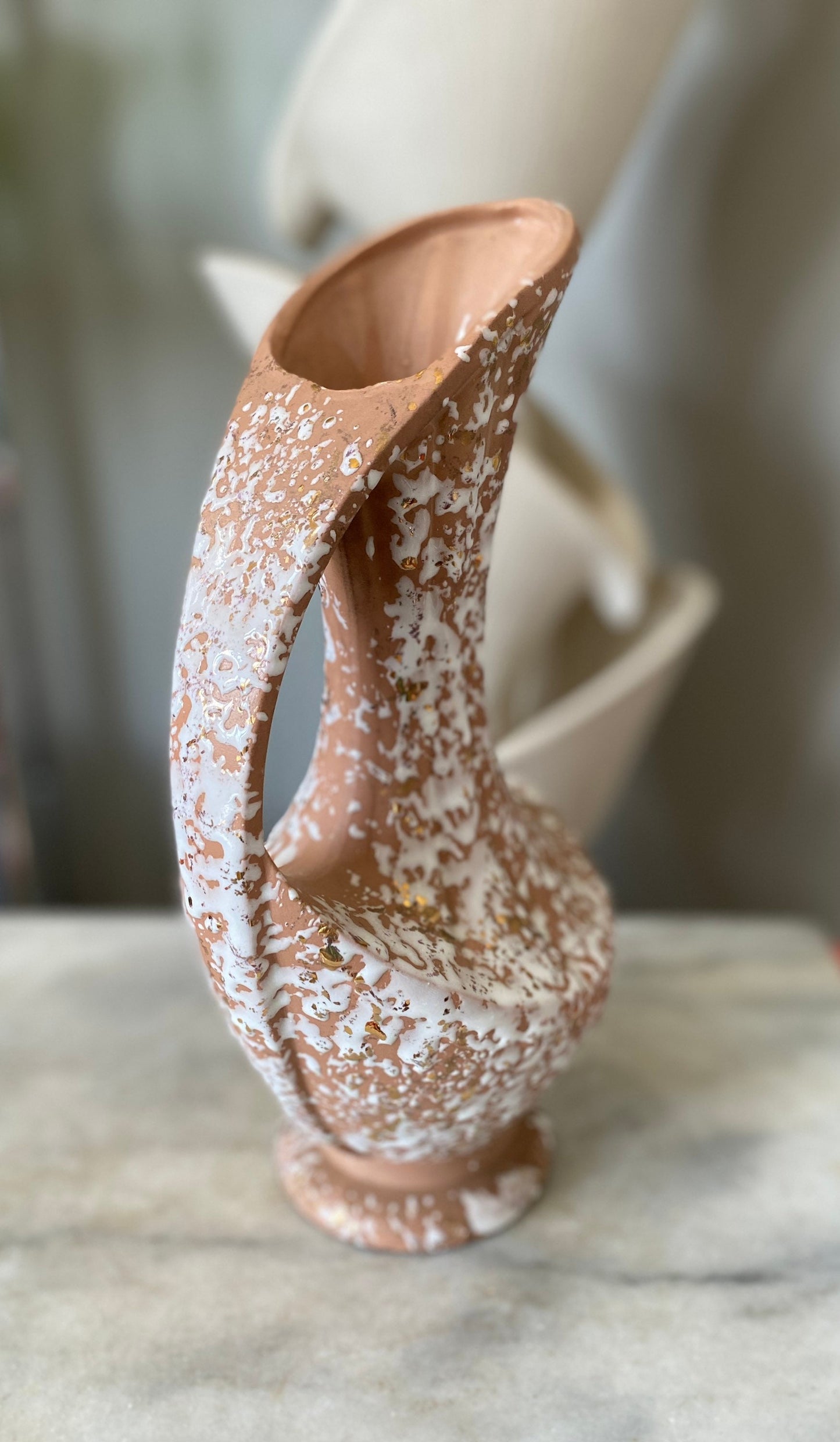 Vintage MCM Pitcher Vase: Pink Glaze, Splatter Paint, 22k Gold
