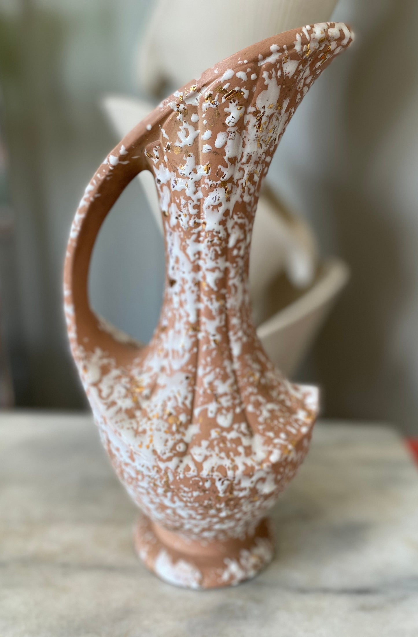 Vintage MCM Pitcher Vase: Pink Glaze, Splatter Paint, 22k Gold