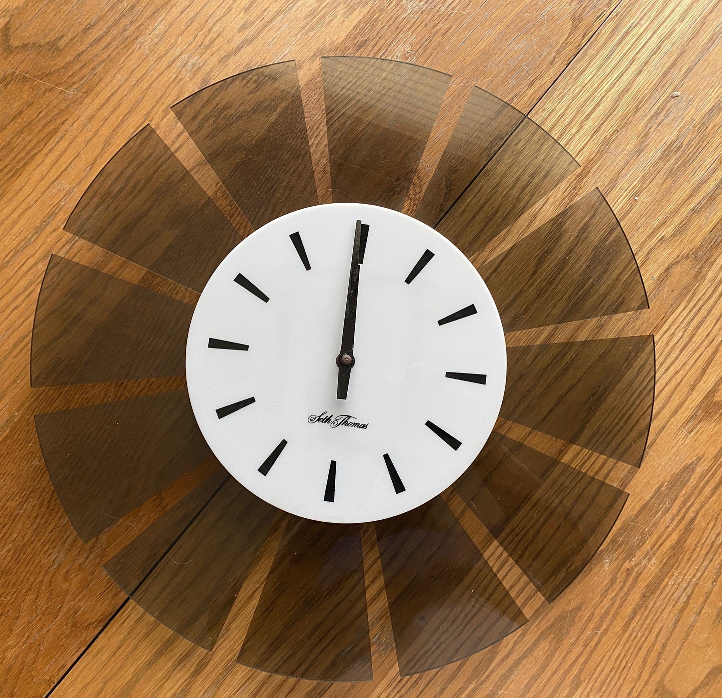 Vintage Mid Century Modern Smokey Grey Acrylic Seth Thomas Wall Clock