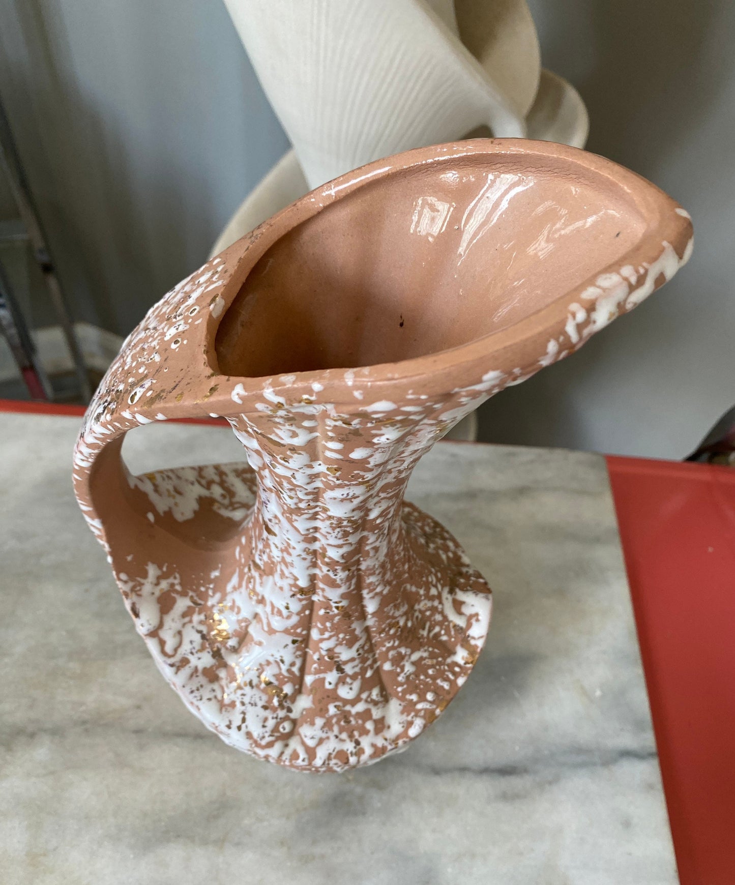 Vintage MCM Pitcher Vase: Pink Glaze, Splatter Paint, 22k Gold