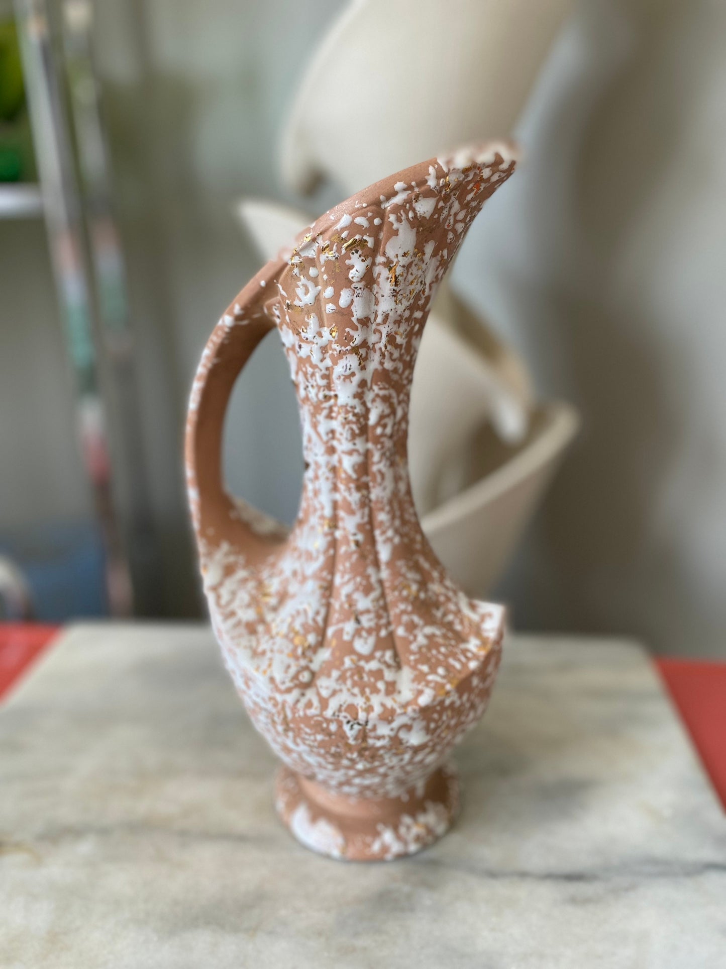 Vintage MCM Pitcher Vase: Pink Glaze, Splatter Paint, 22k Gold