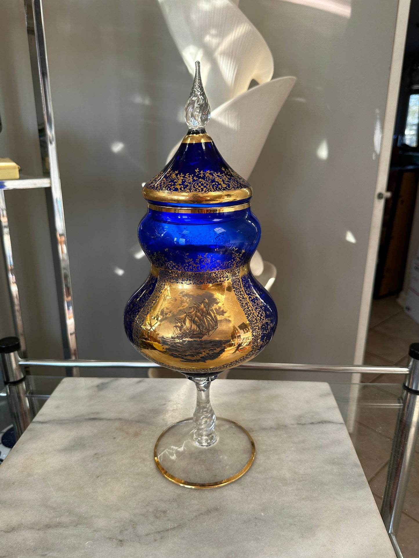 Vintage Mid-Century Cobalt Glass Compote: Gold Floral Sailing Ship Motif