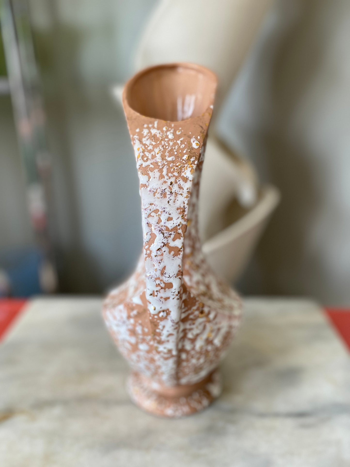 Vintage MCM Pitcher Vase: Pink Glaze, Splatter Paint, 22k Gold