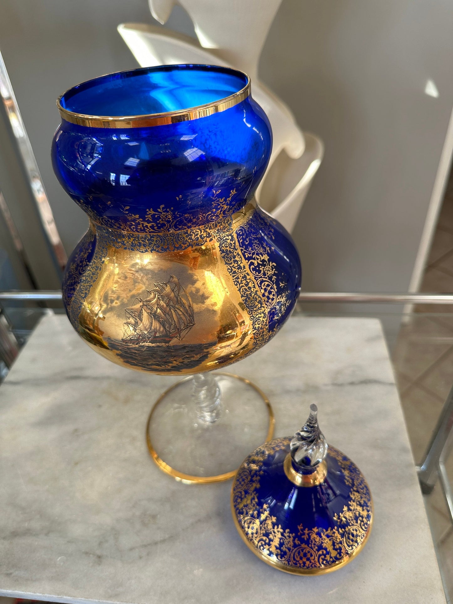Vintage Mid-Century Cobalt Glass Compote: Gold Floral Sailing Ship Motif
