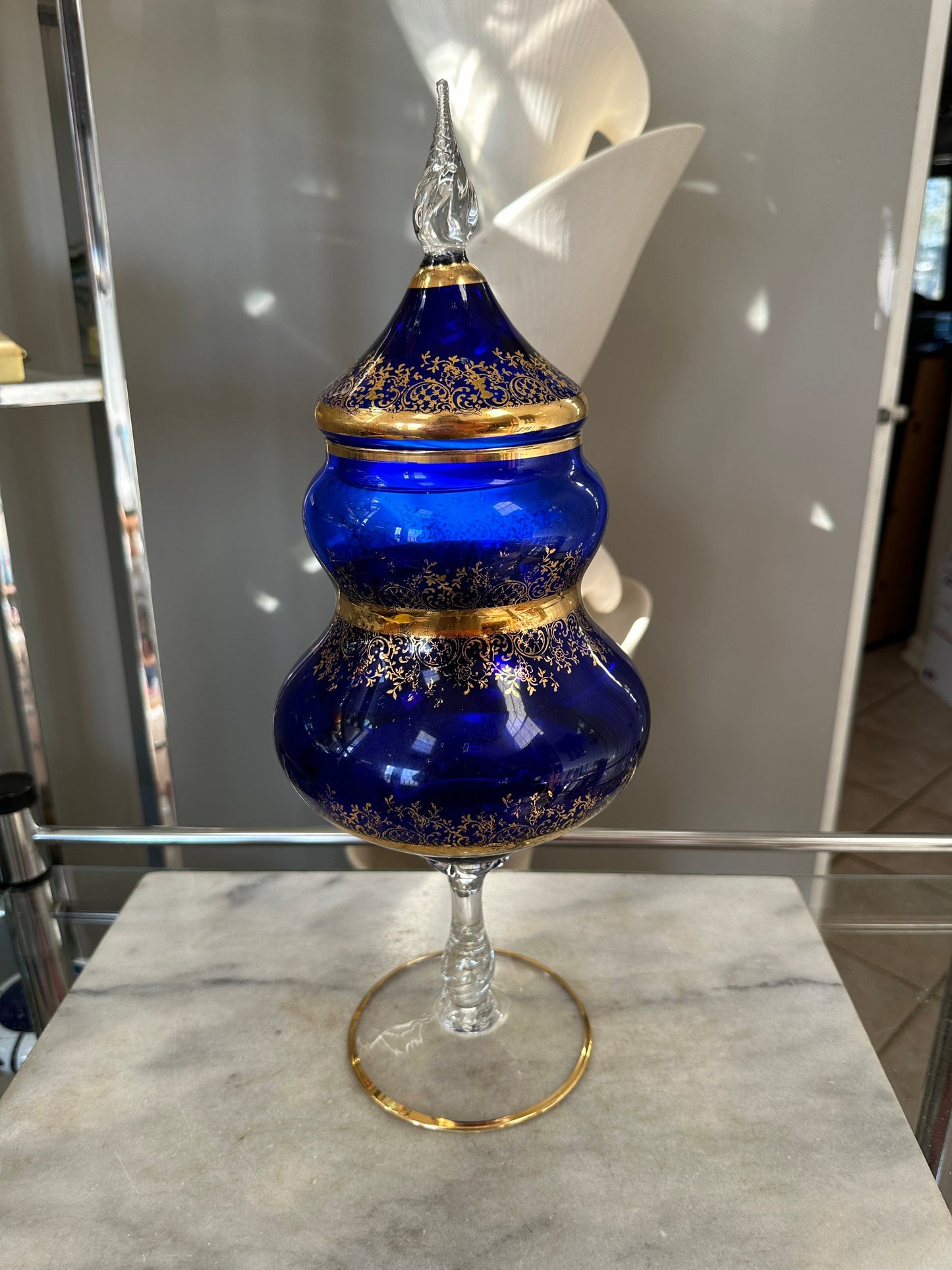 Vintage Mid-Century Cobalt Glass Compote: Gold Floral Sailing Ship Motif