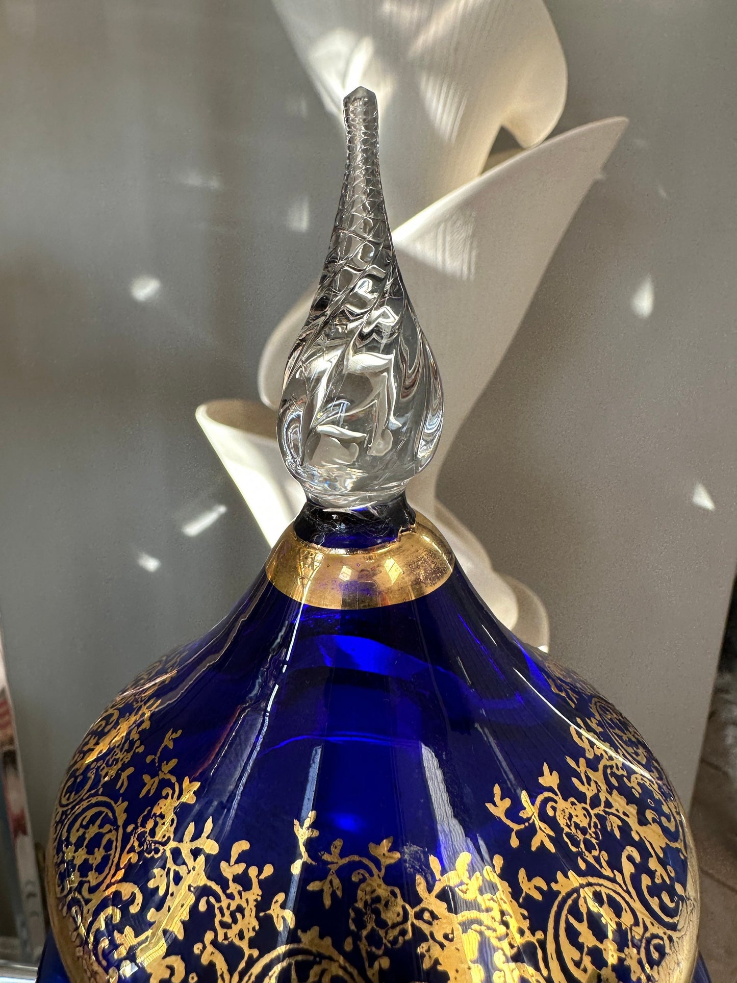 Vintage Mid-Century Cobalt Glass Compote: Gold Floral Sailing Ship Motif