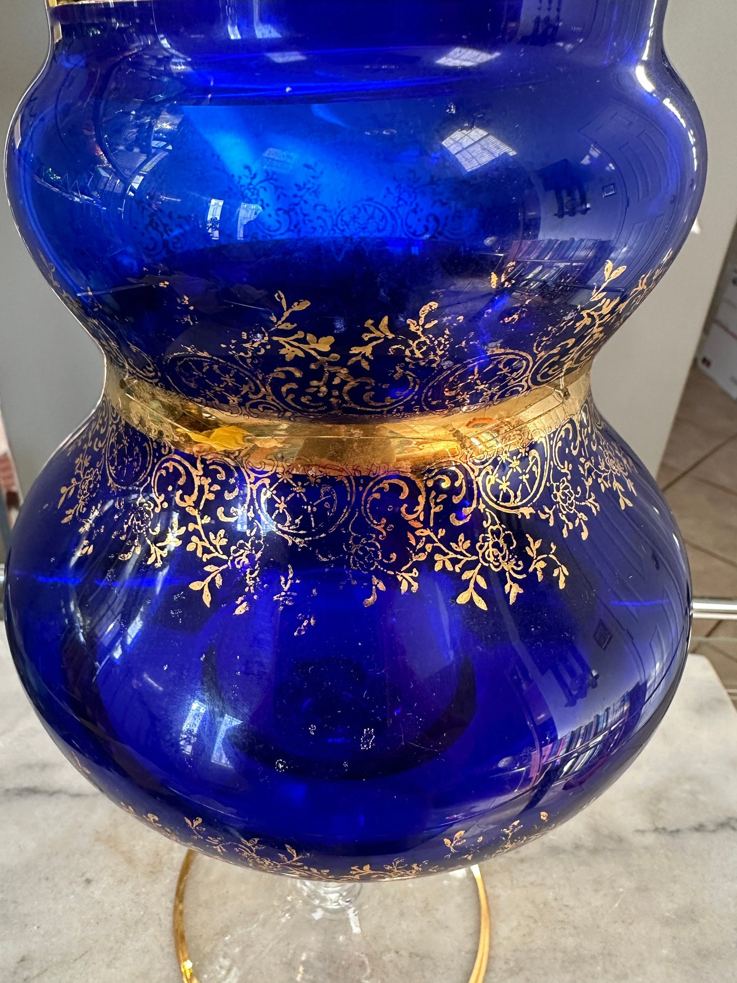 Vintage Mid-Century Cobalt Glass Compote: Gold Floral Sailing Ship Motif