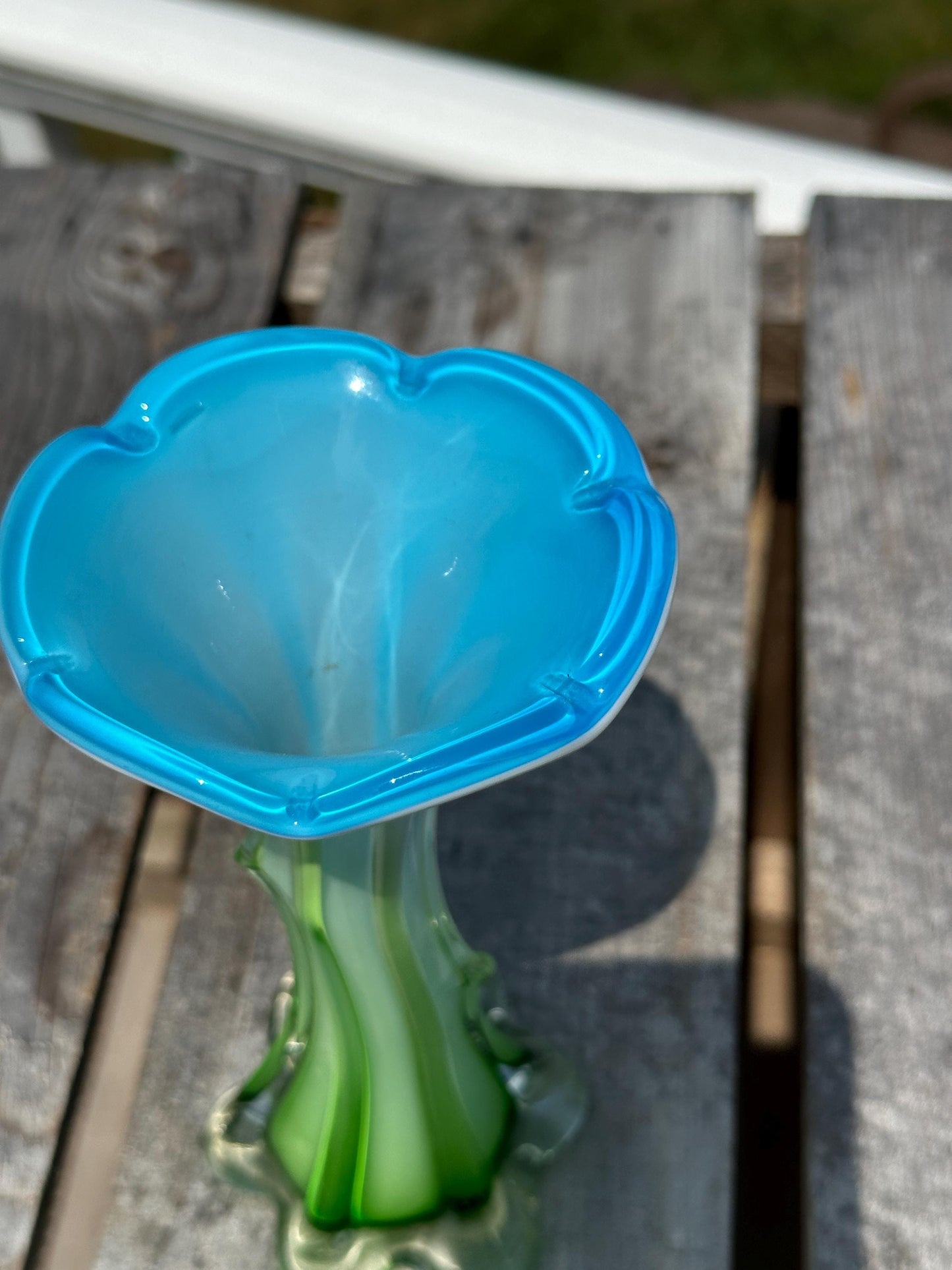 Vintage - Calla Lilly Art Glass Vase - Tree Trunk Style Vase - Vibrant Blue Top