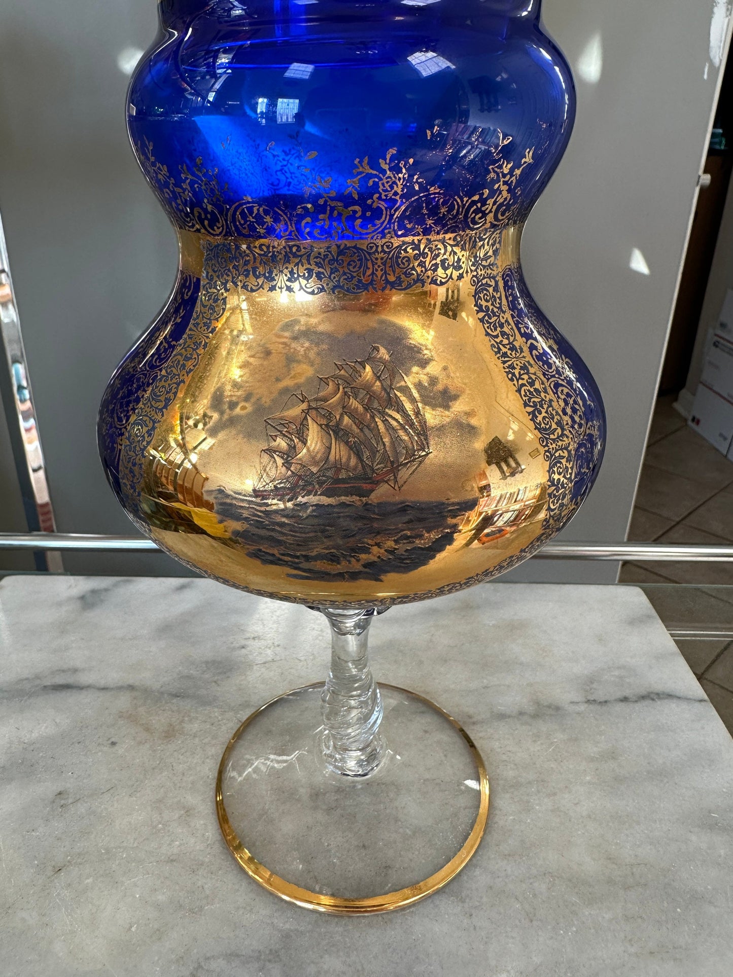 Vintage Mid-Century Cobalt Glass Compote: Gold Floral Sailing Ship Motif