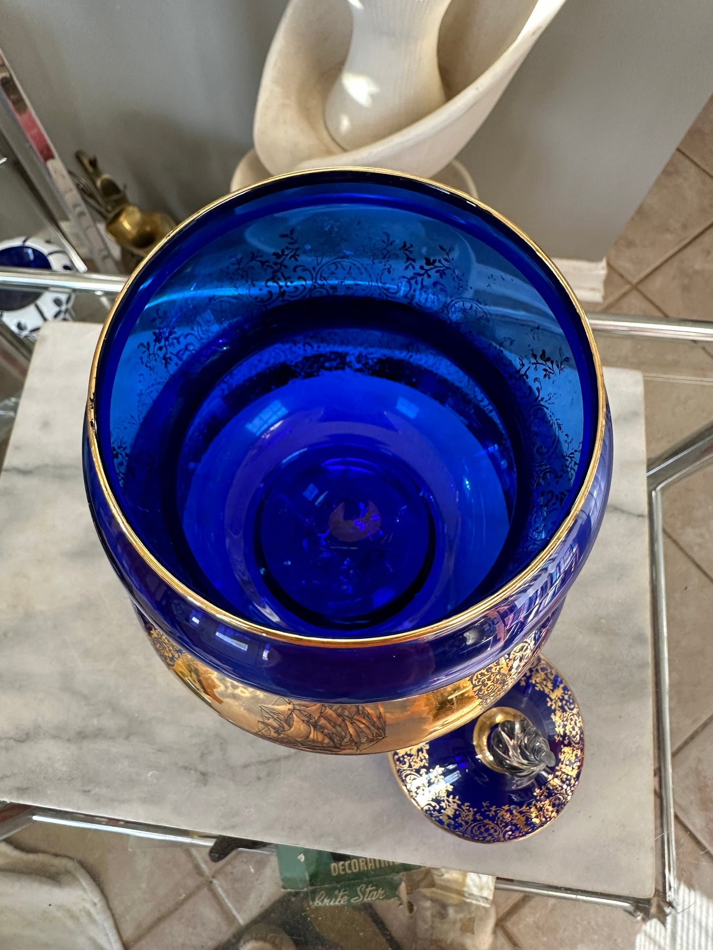 Vintage Mid-Century Cobalt Glass Compote: Gold Floral Sailing Ship Motif