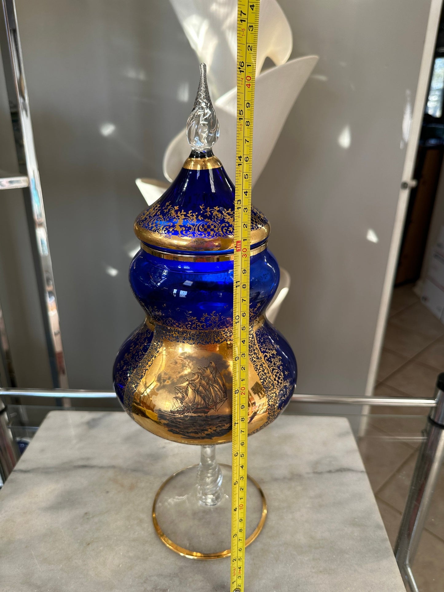 Vintage Mid-Century Cobalt Glass Compote: Gold Floral Sailing Ship Motif