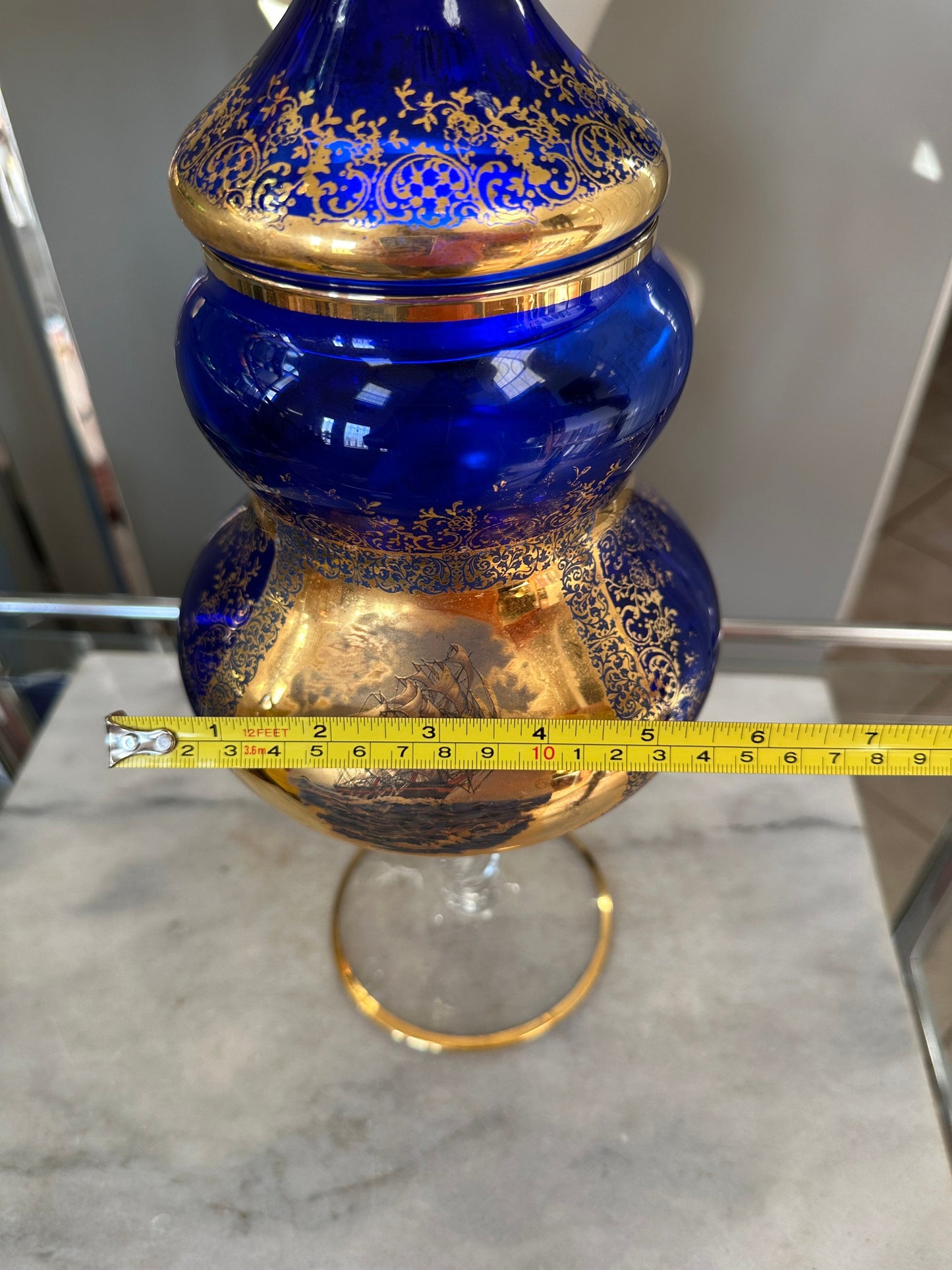 Vintage Mid-Century Cobalt Glass Compote: Gold Floral Sailing Ship Motif