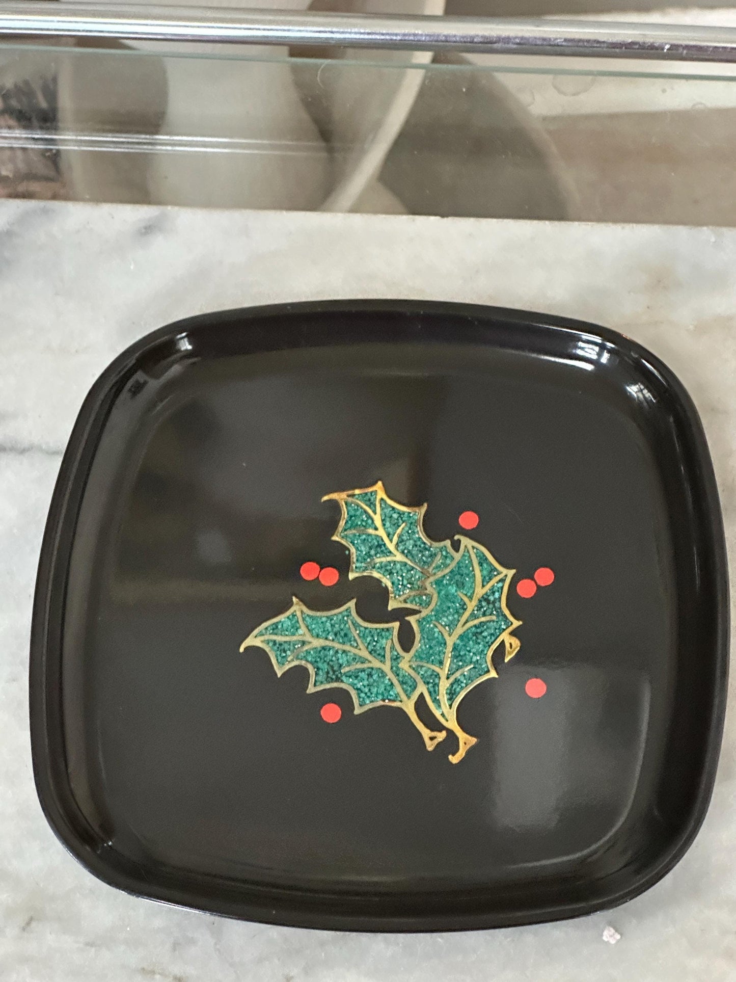 Couroc Tray: 1960s Mid Century Modern Holly Berry Decor
