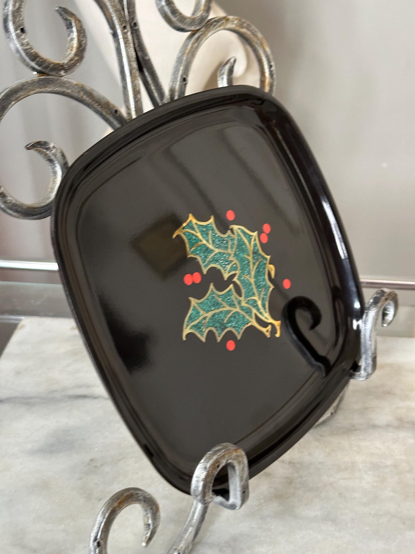 Couroc Tray: 1960s Mid Century Modern Holly Berry Decor