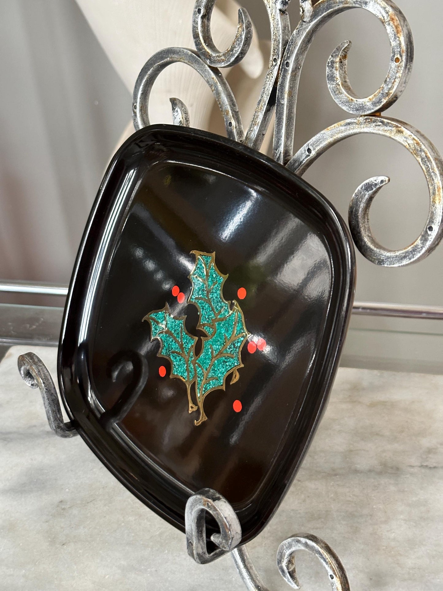 Couroc Tray: 1960s Mid Century Modern Holly Berry Decor