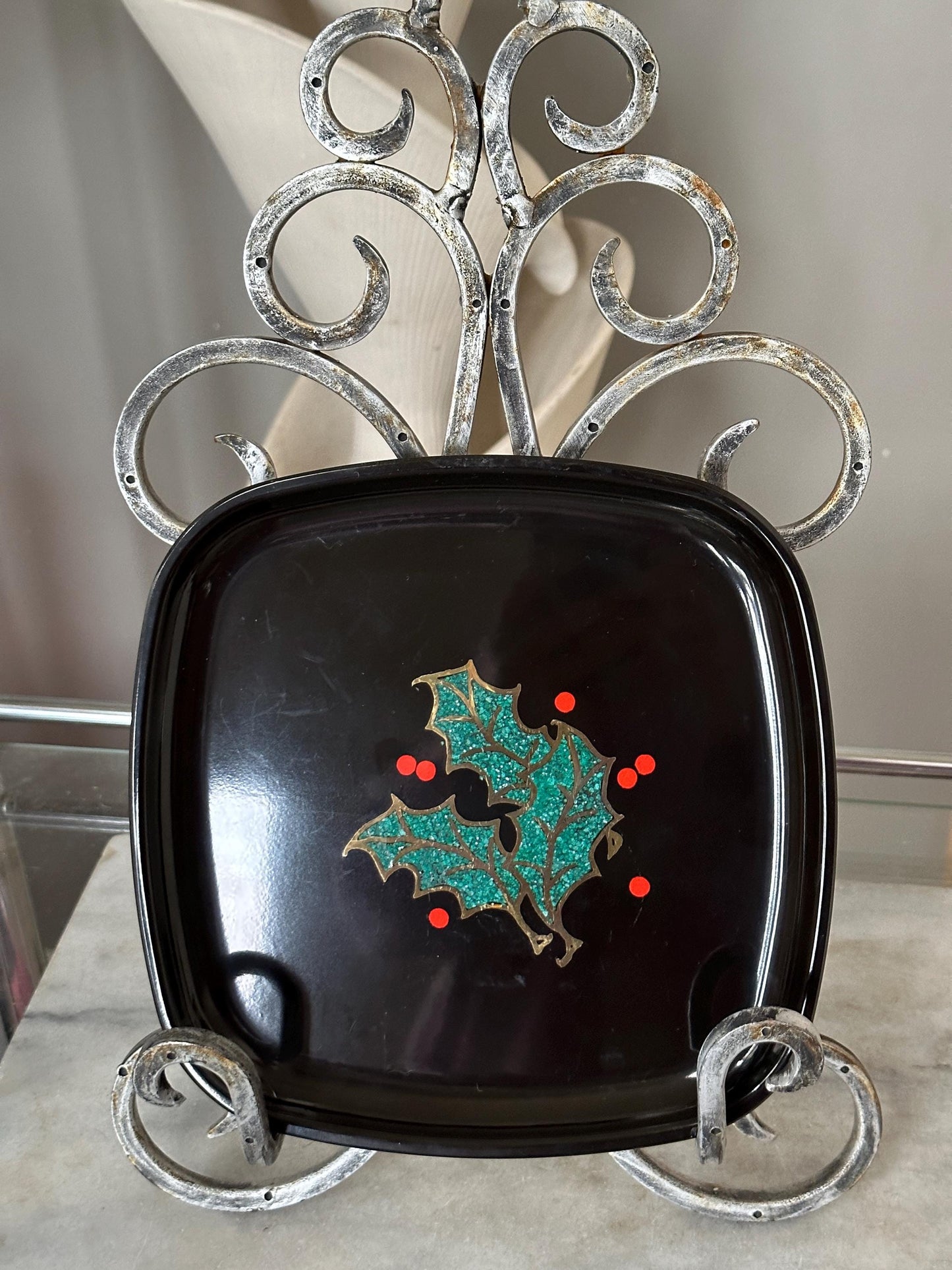 Couroc Tray: 1960s Mid Century Modern Holly Berry Decor