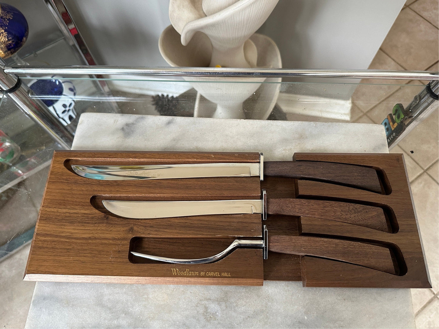 Mid Century Modern Carvel Hall Stainless Steel Carving Set with Wood Handles