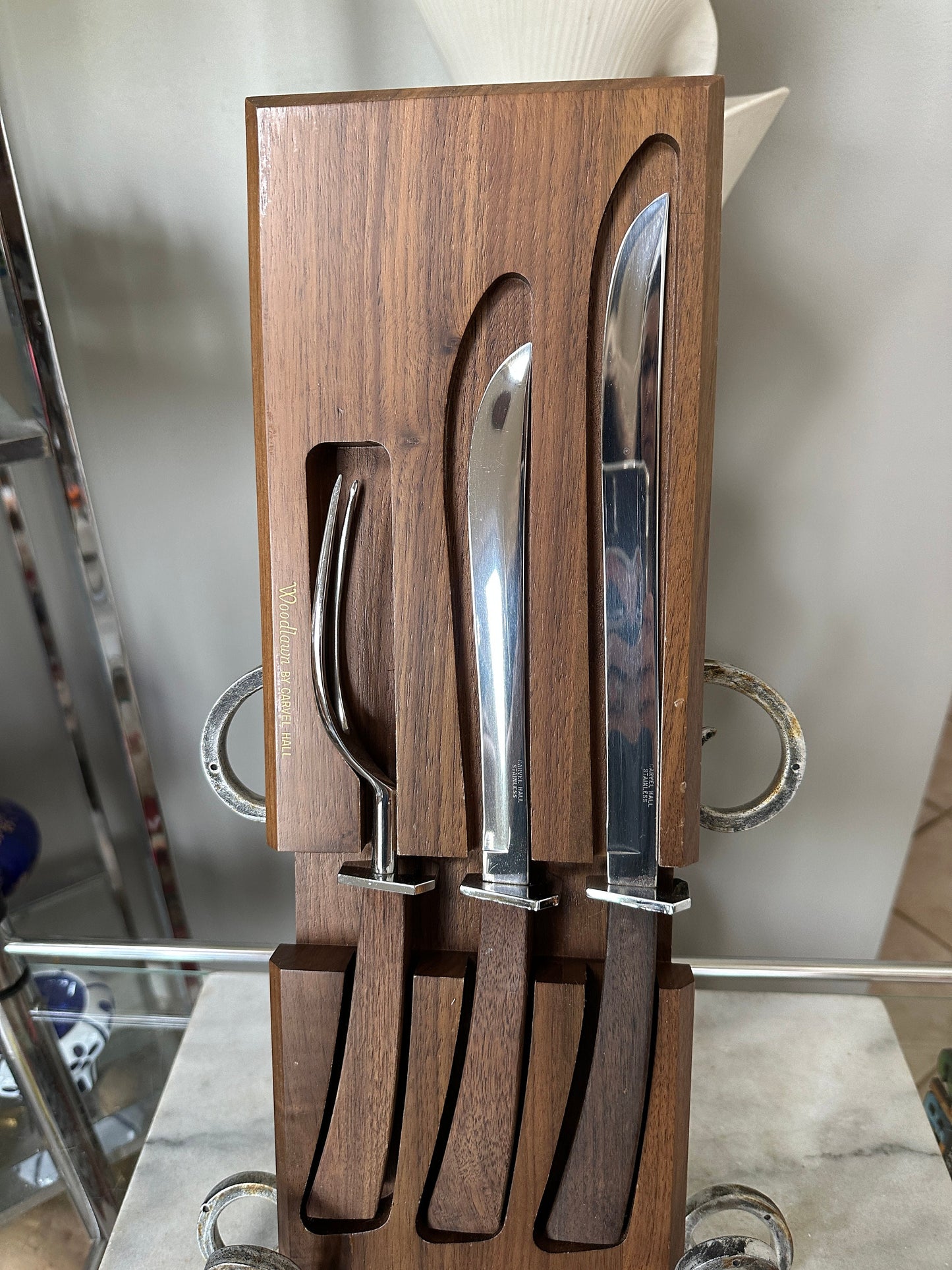 Mid Century Modern Carvel Hall Stainless Steel Carving Set with Wood Handles