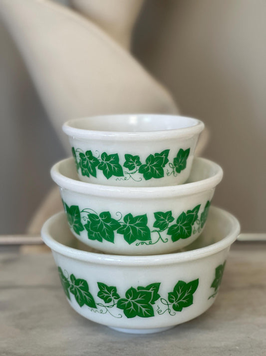 Vintage Three Piece Hazel Atlas Mixing Bowls with Ivy