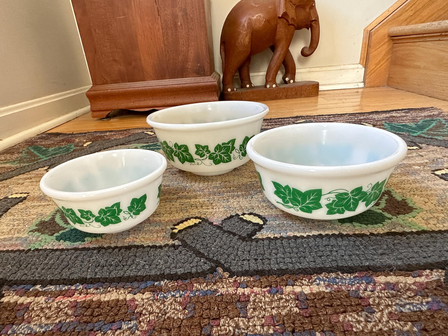 Vintage Three Piece Hazel Atlas Mixing Bowls with Ivy