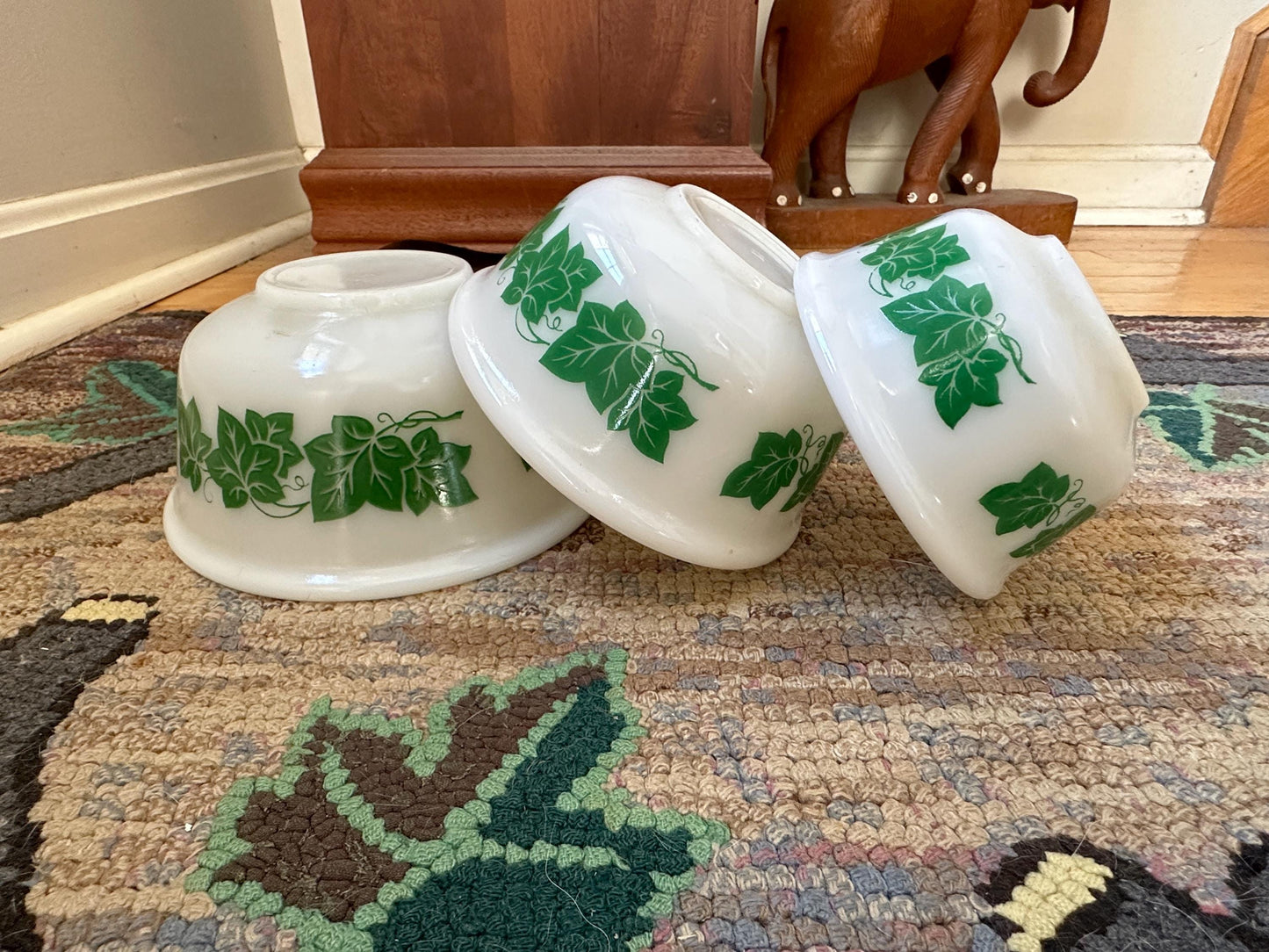 Vintage Three Piece Hazel Atlas Mixing Bowls with Ivy