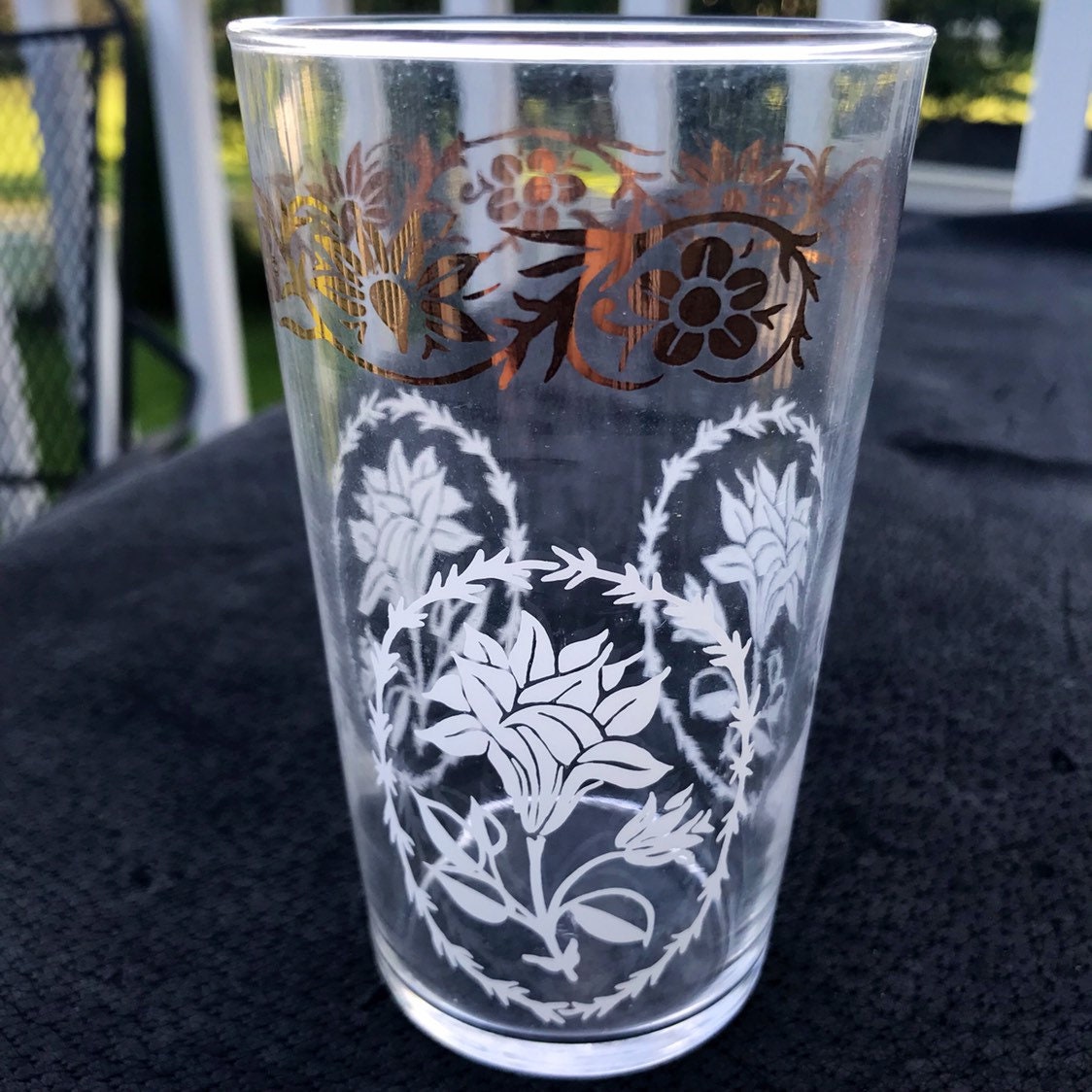 Mid-century Federal Glass Collins Set: Gold Floral Tumblers & Caddy, MCM