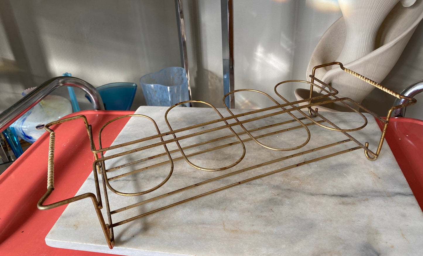 Mid-century Federal Glass Collins Set: Gold Floral Tumblers & Caddy, MCM